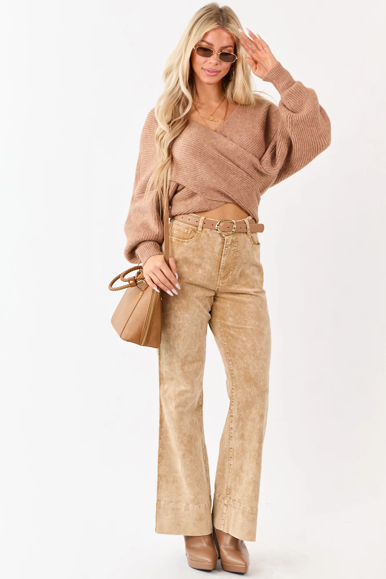 Beige Corduroy Flare Pants with Mineral Wash - High Waisted