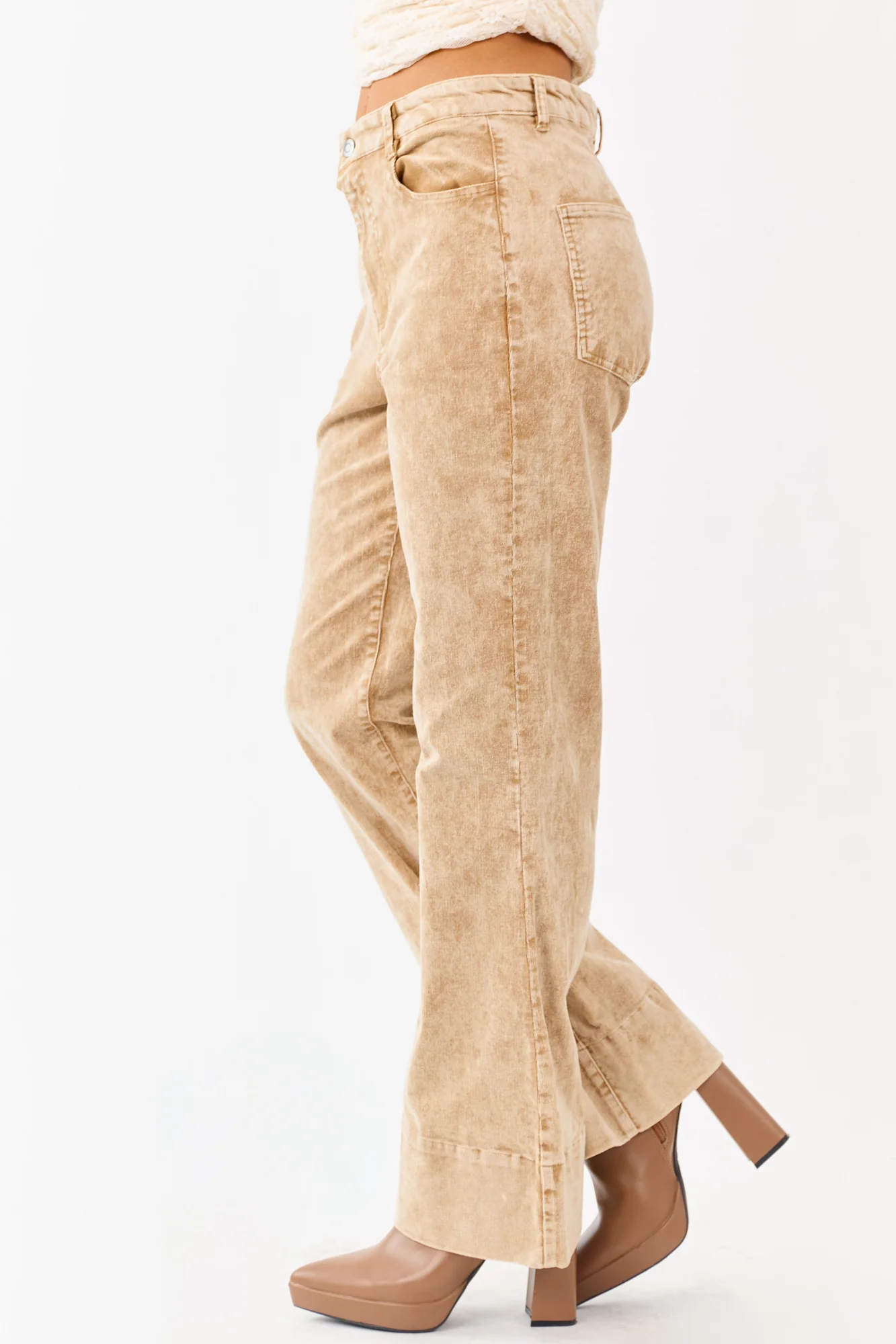 Beige Corduroy Flare Pants with Mineral Wash - High Waisted