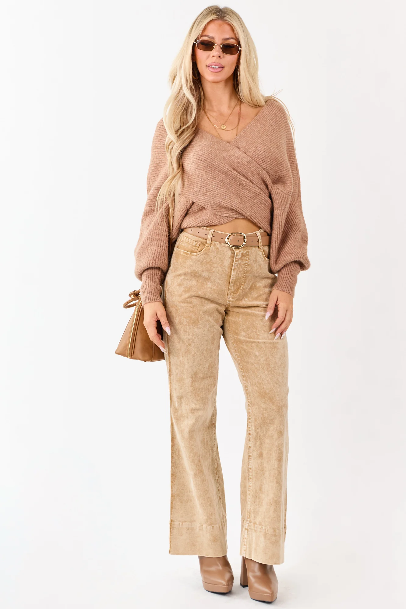 Beige Corduroy Flare Pants with Mineral Wash - High Waisted