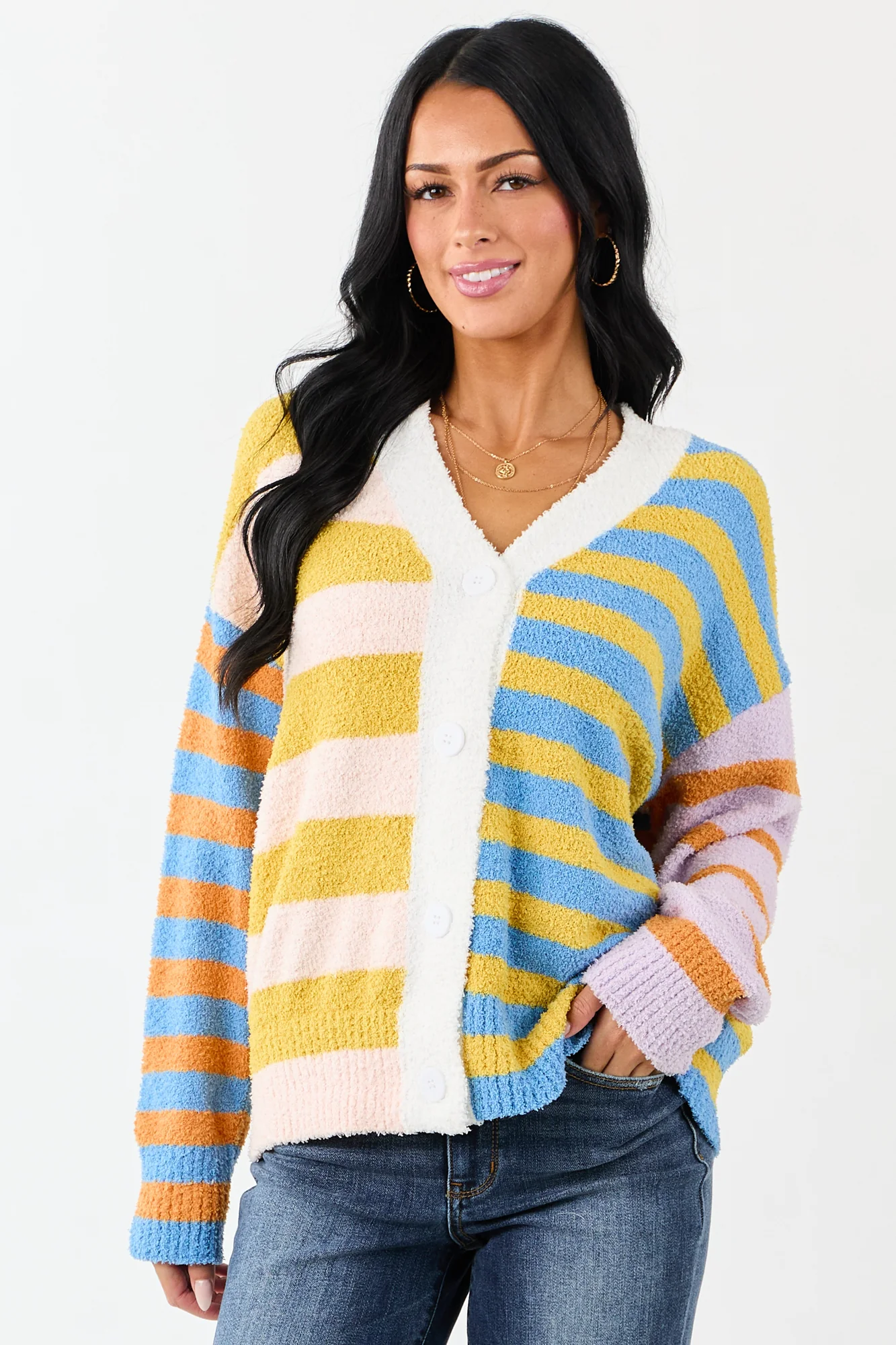 Cozy Striped Fuzzy Cardigan in Multicolor Knit