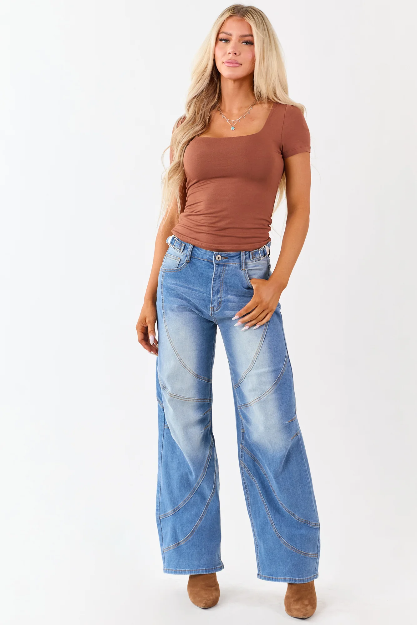 Cognac Knit Double Layer Square Neck Fitted Top