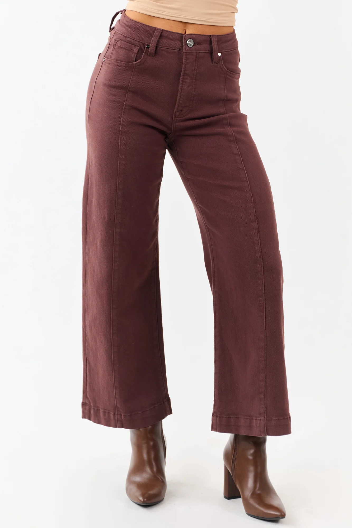 Brown High Rise Tummy Control Wide Leg Jeans for Women