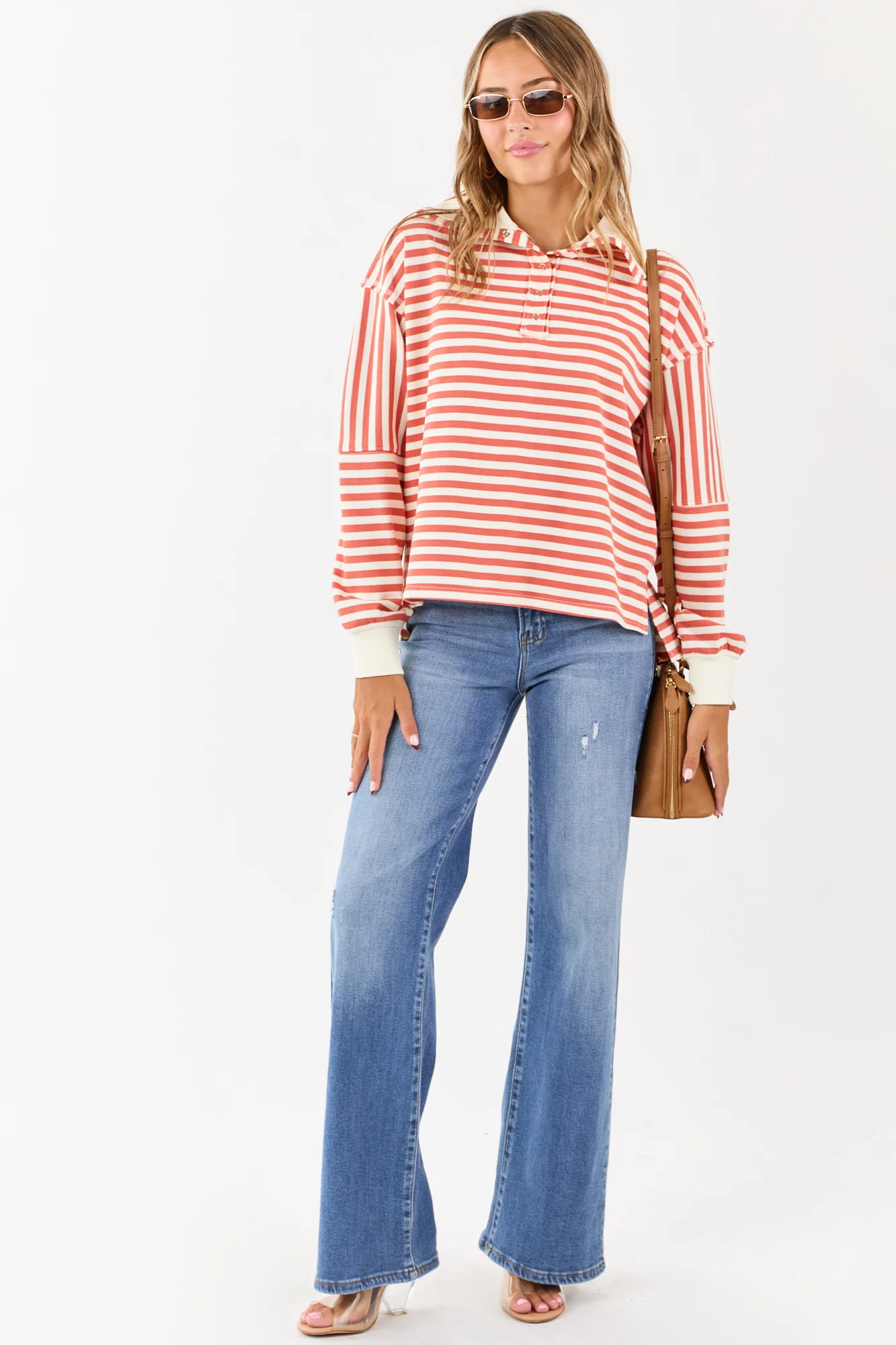 Burnt Orange Striped Oversized Henley Top