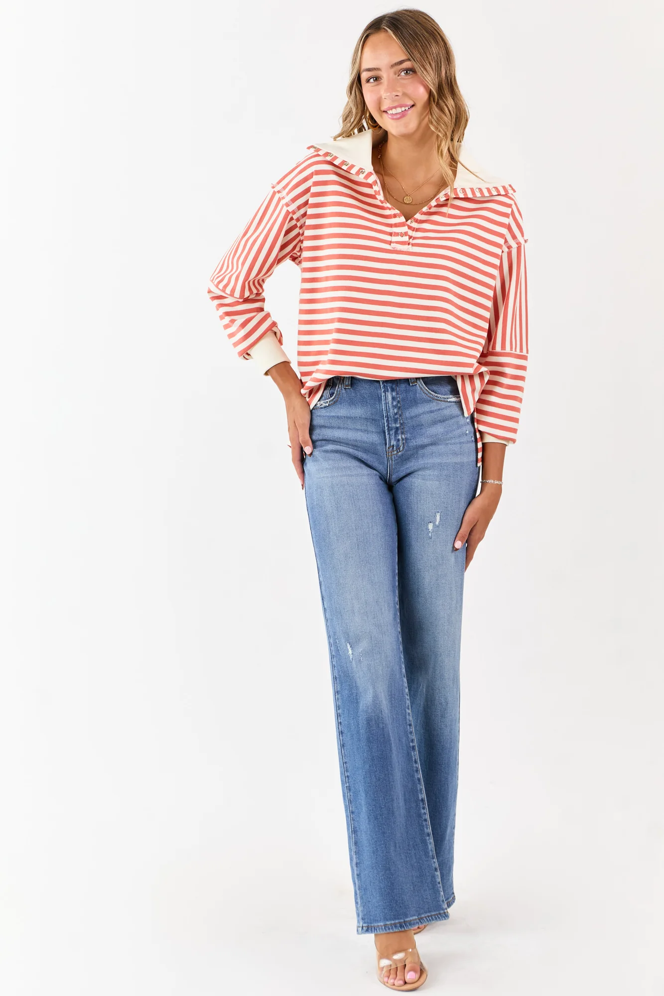 Burnt Orange Striped Oversized Henley Top