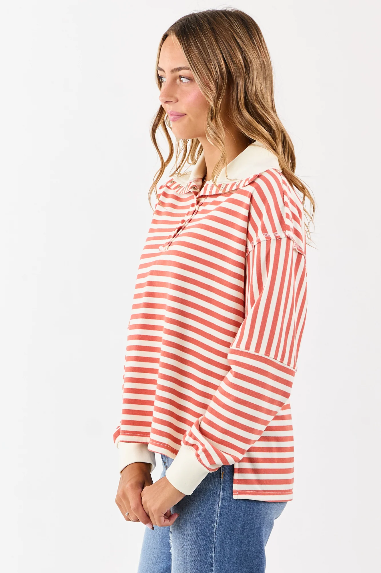 Burnt Orange Striped Oversized Henley Top