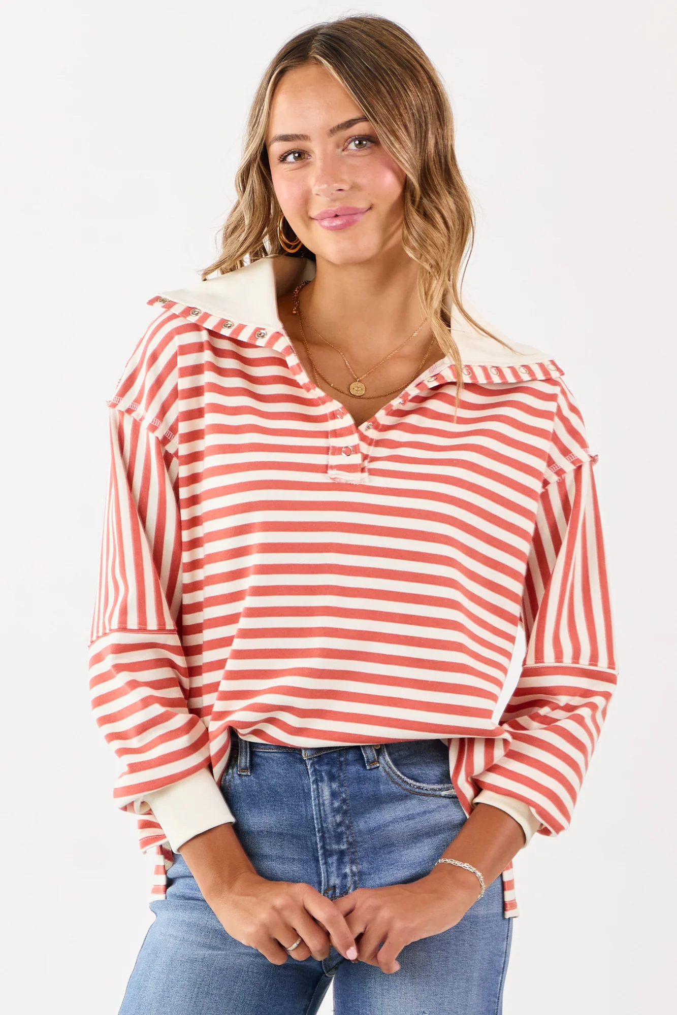 Burnt Orange Striped Oversized Henley Top