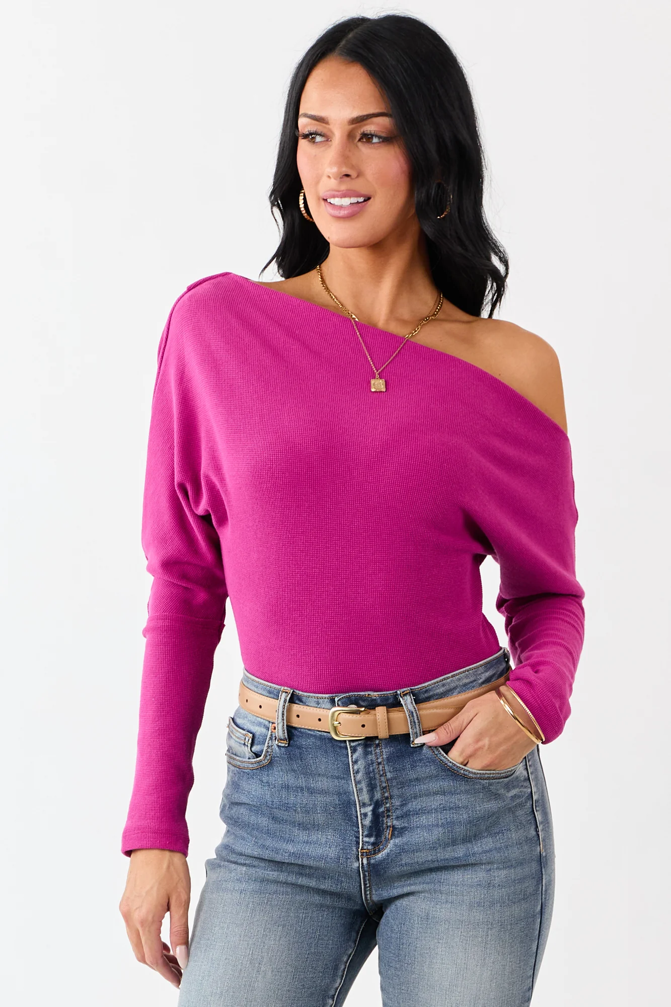 Mulberry Asymmetrical One Shoulder Waffle Knit Top