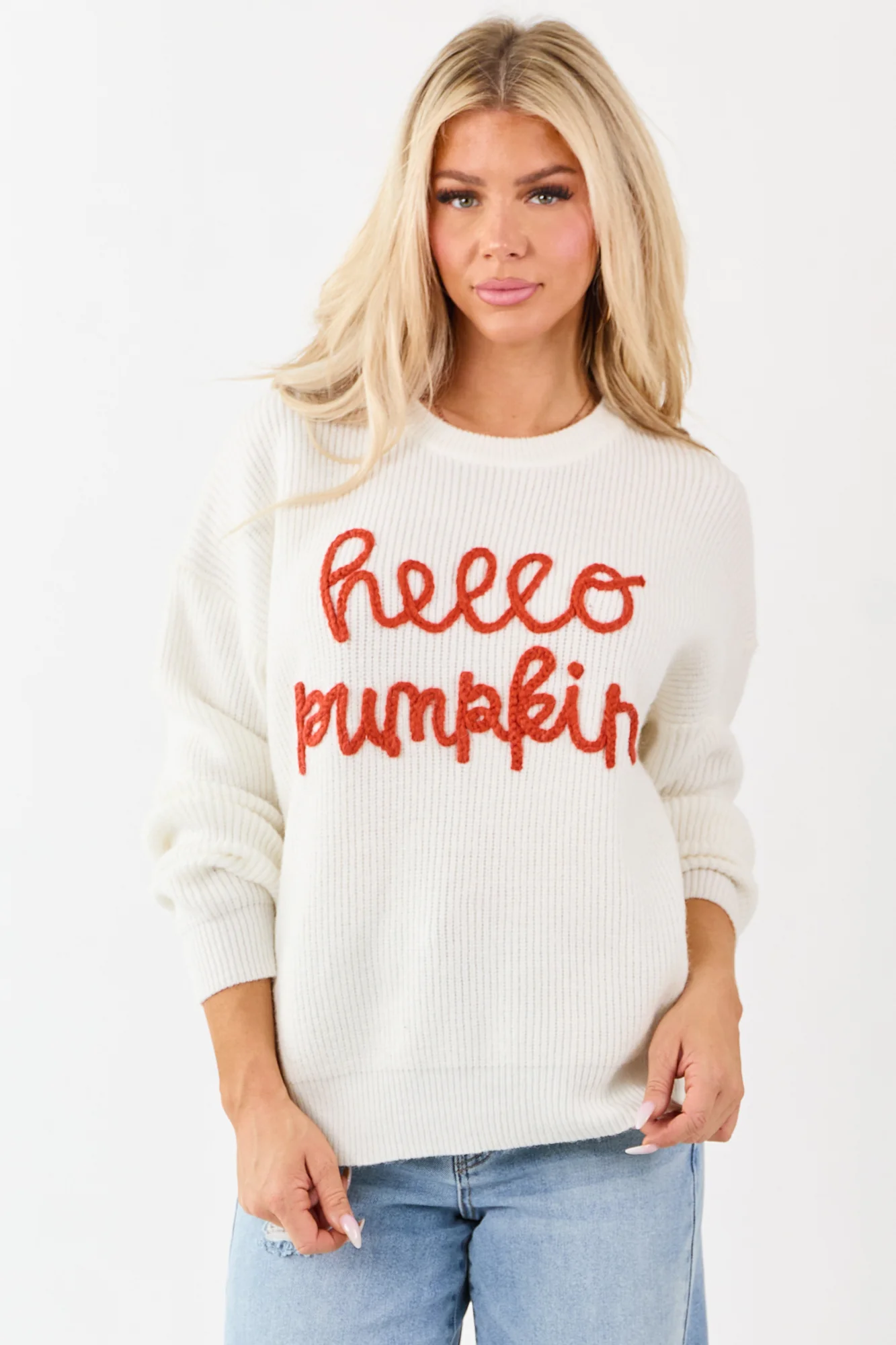 Burnt OrangeHello PumpkinEmbroidered Knit Sweater