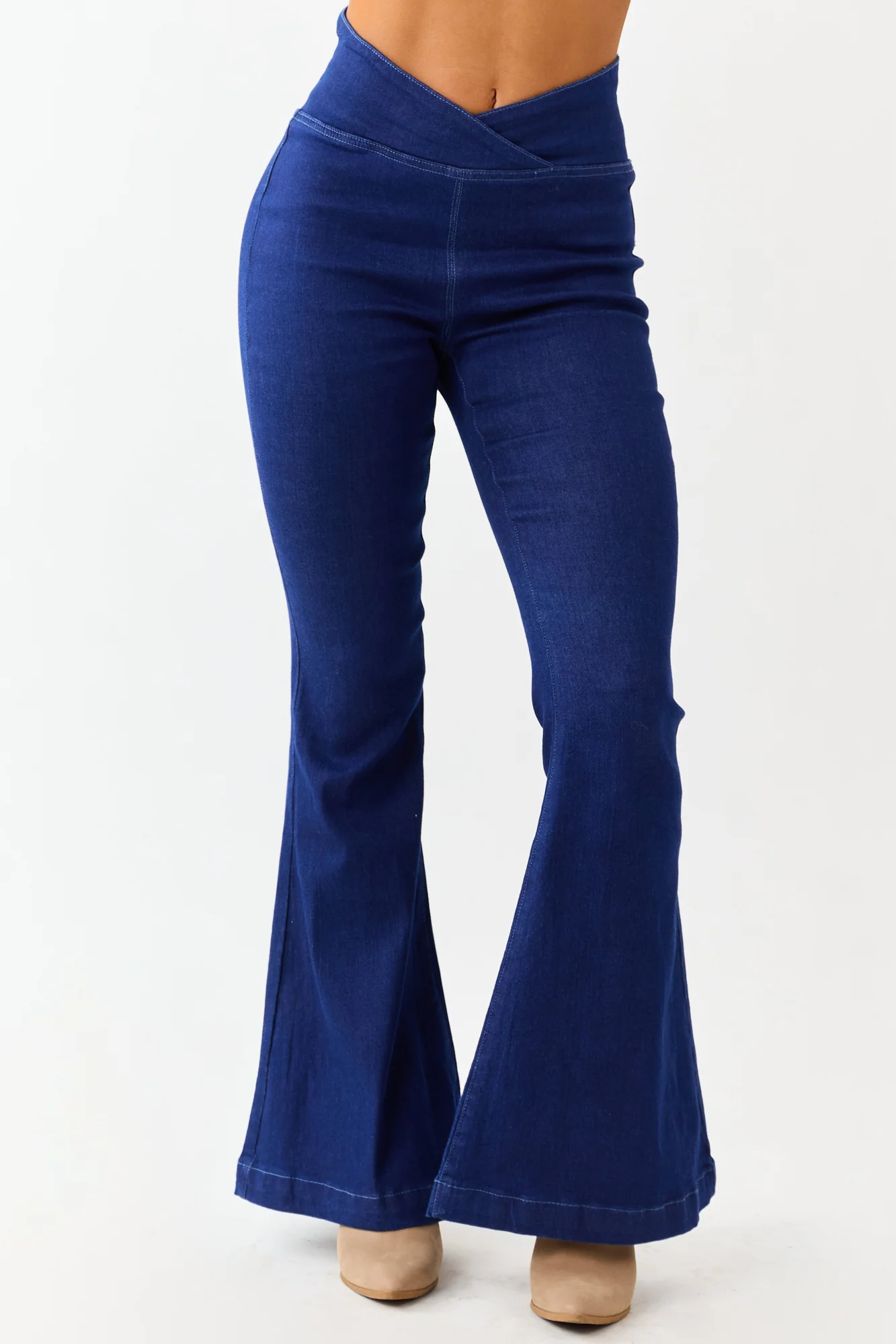 Dark Wash Stretchy V-Wrap Waist Flare Denim Jeans