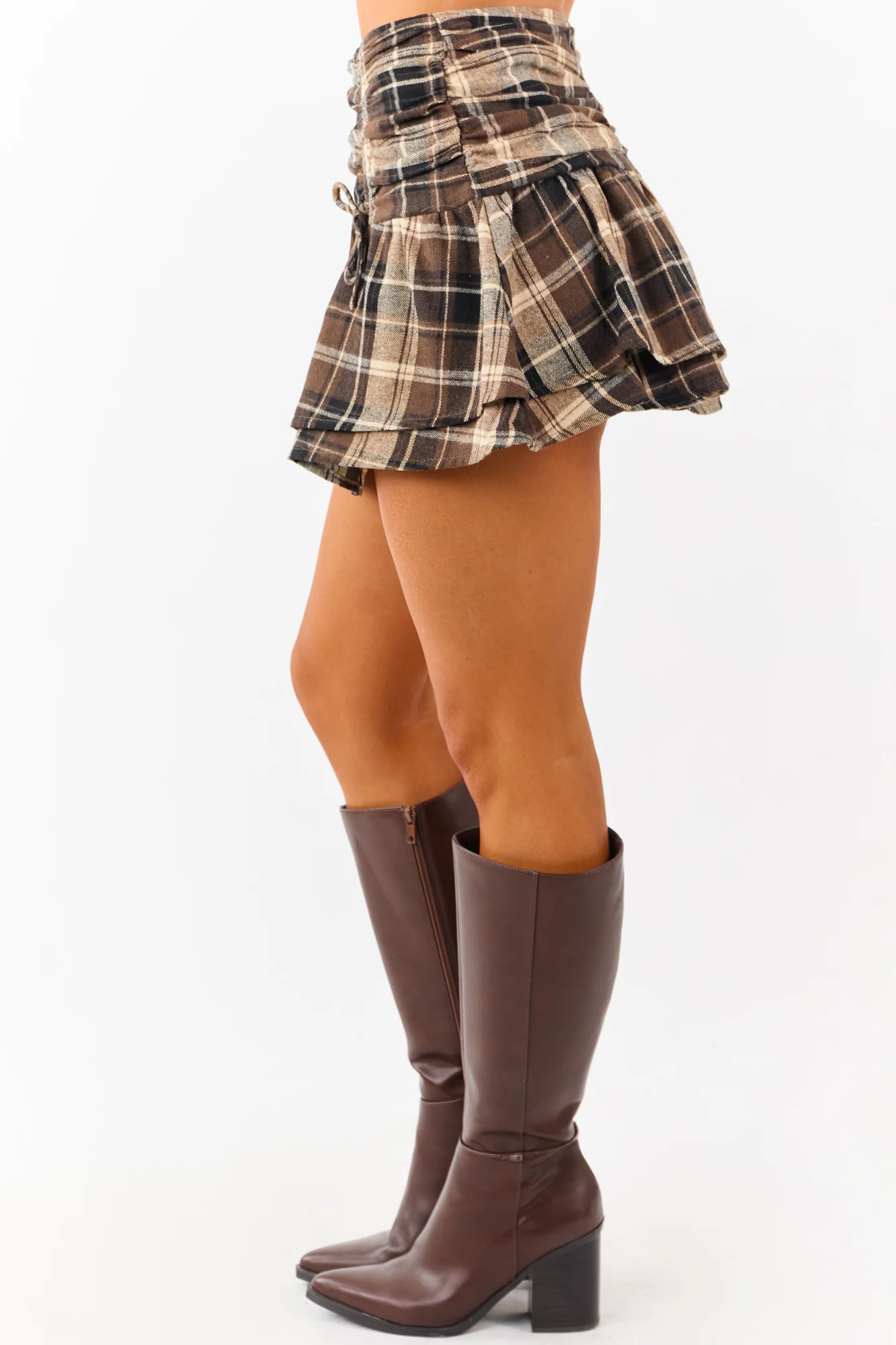 Sepia Plaid Tiered Layered Mini Skort