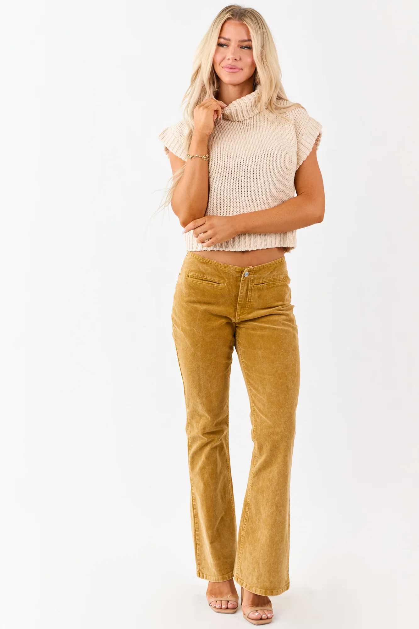 Champagne Cap Sleeve Turtleneck Sweater Top