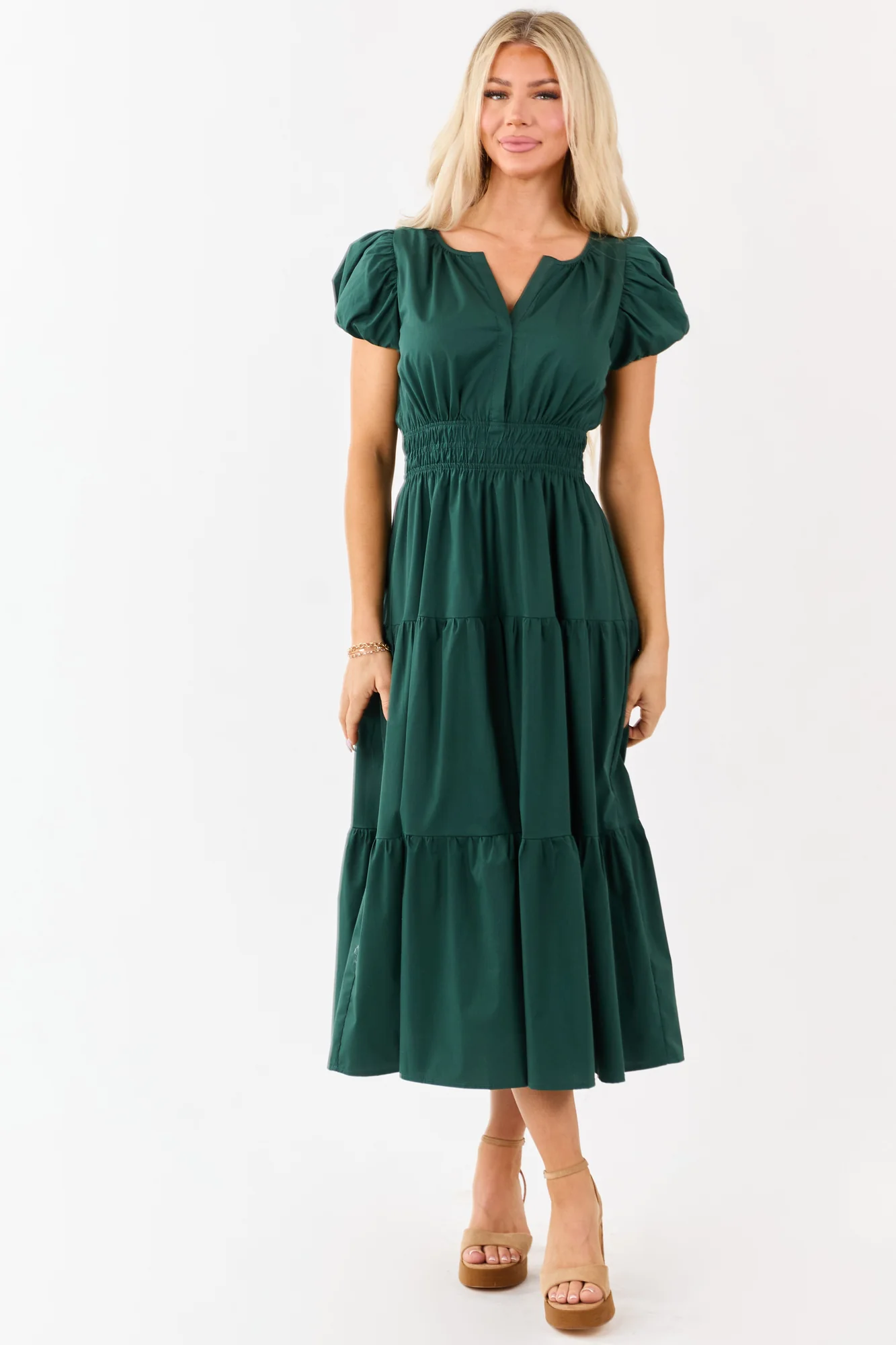 Green Tiered Midi Dress with Puff Sleeves