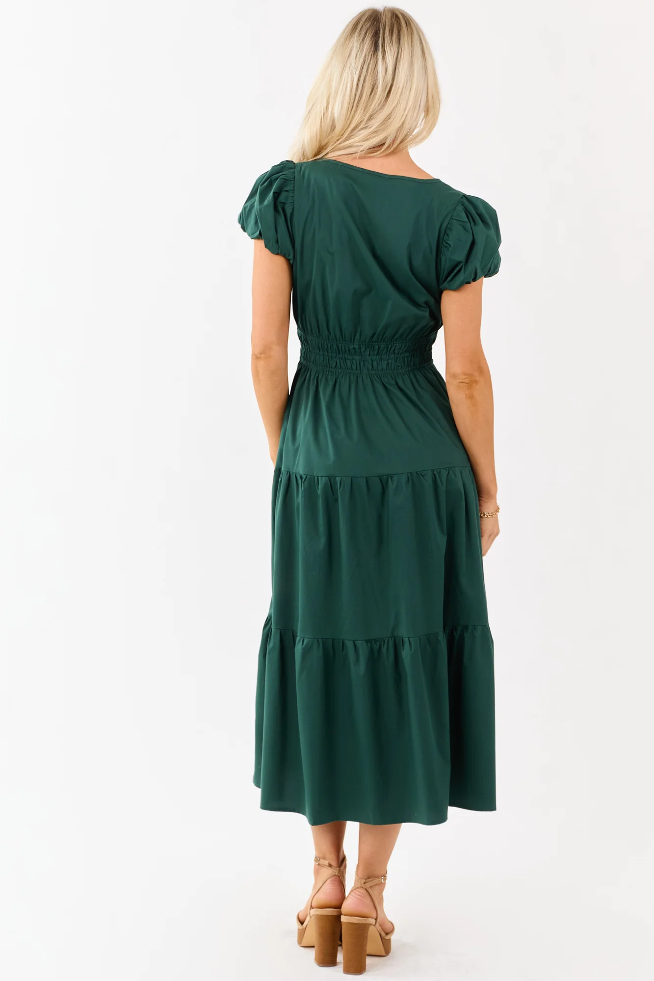 Green Tiered Midi Dress with Puff Sleeves