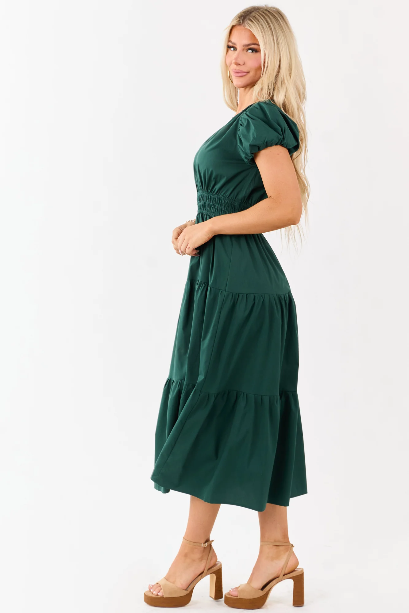 Green Tiered Midi Dress with Puff Sleeves