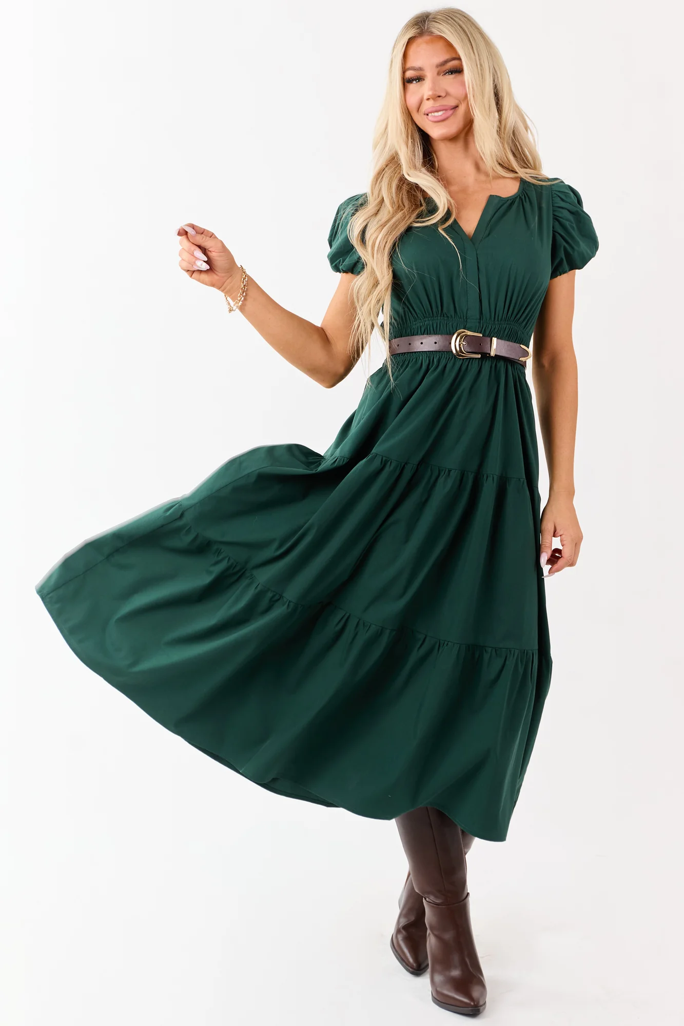 Green Tiered Midi Dress with Puff Sleeves