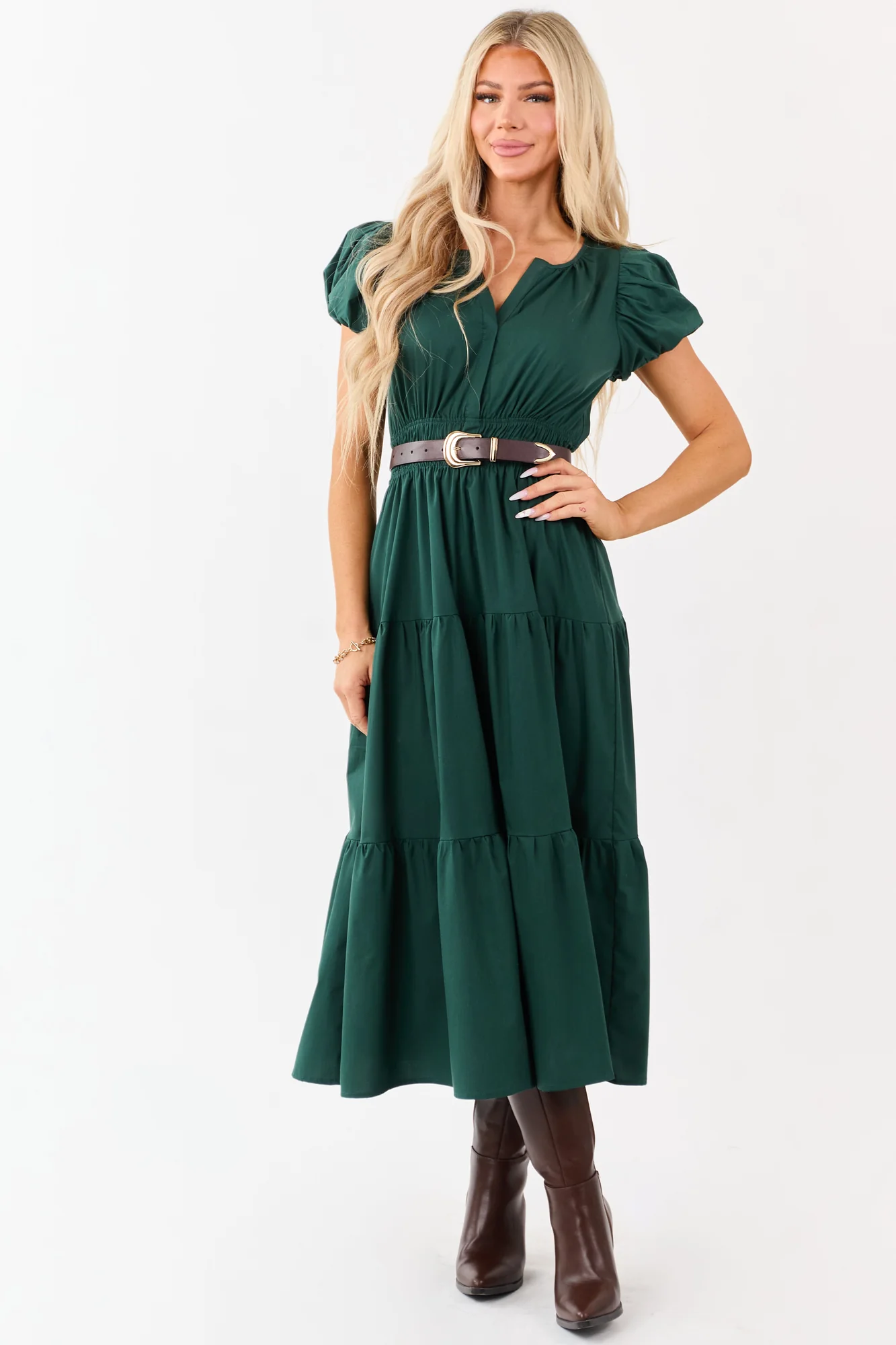 Green Tiered Midi Dress with Puff Sleeves
