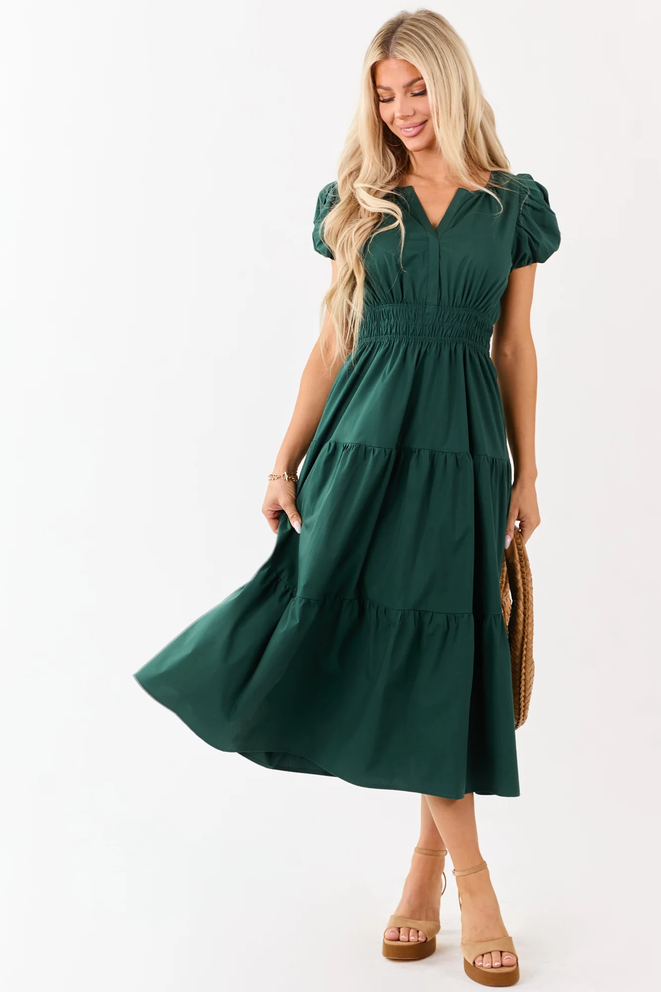 Green Tiered Midi Dress with Puff Sleeves