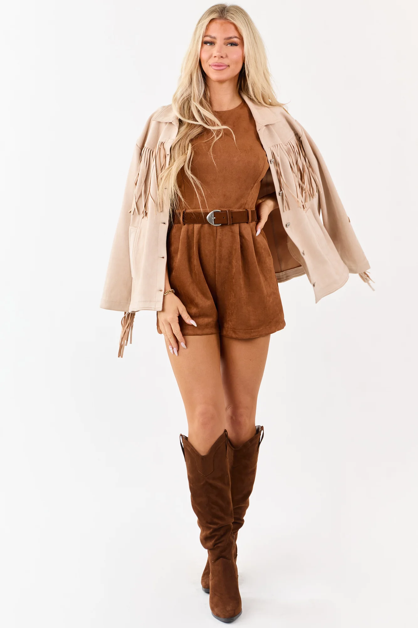Brown Faux Suede Belted Romper Dress