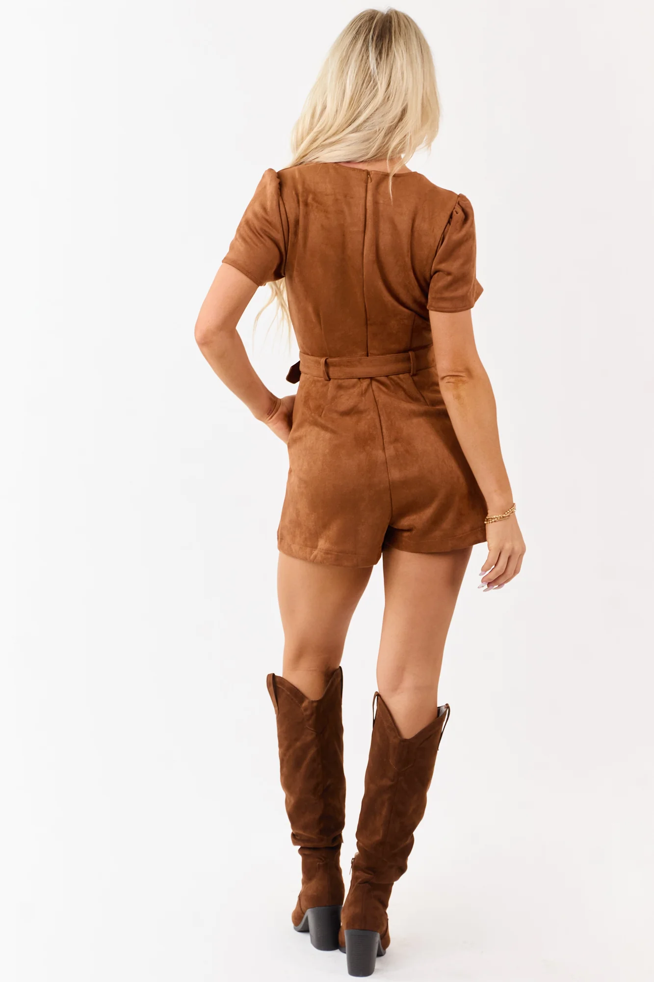 Brown Faux Suede Belted Romper Dress