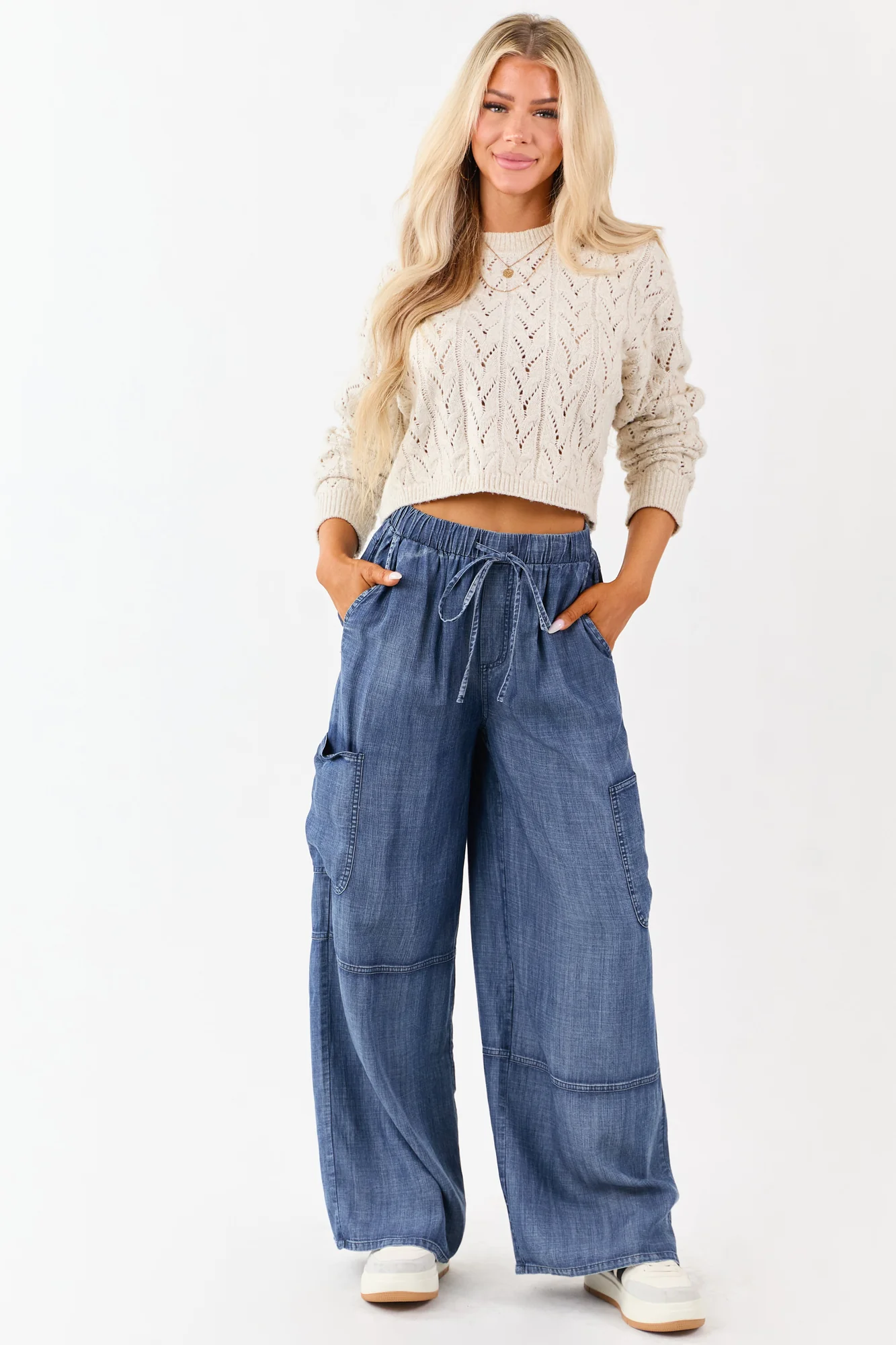 Blue Chambray Cargo Wide Leg Pants