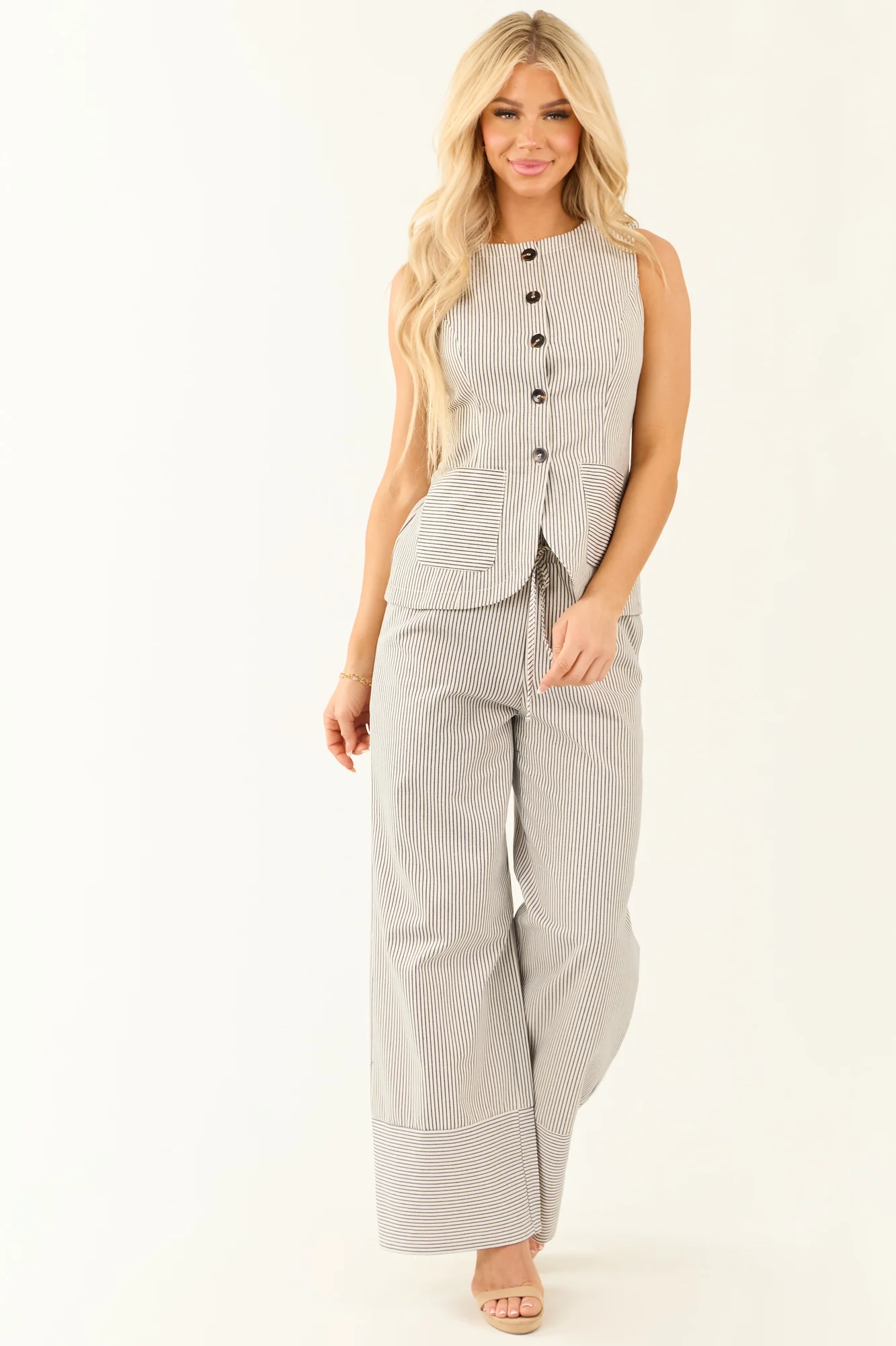 Navy Striped Front Pocket Vest in Ivory, Button-Up, Cinch Tie Detail