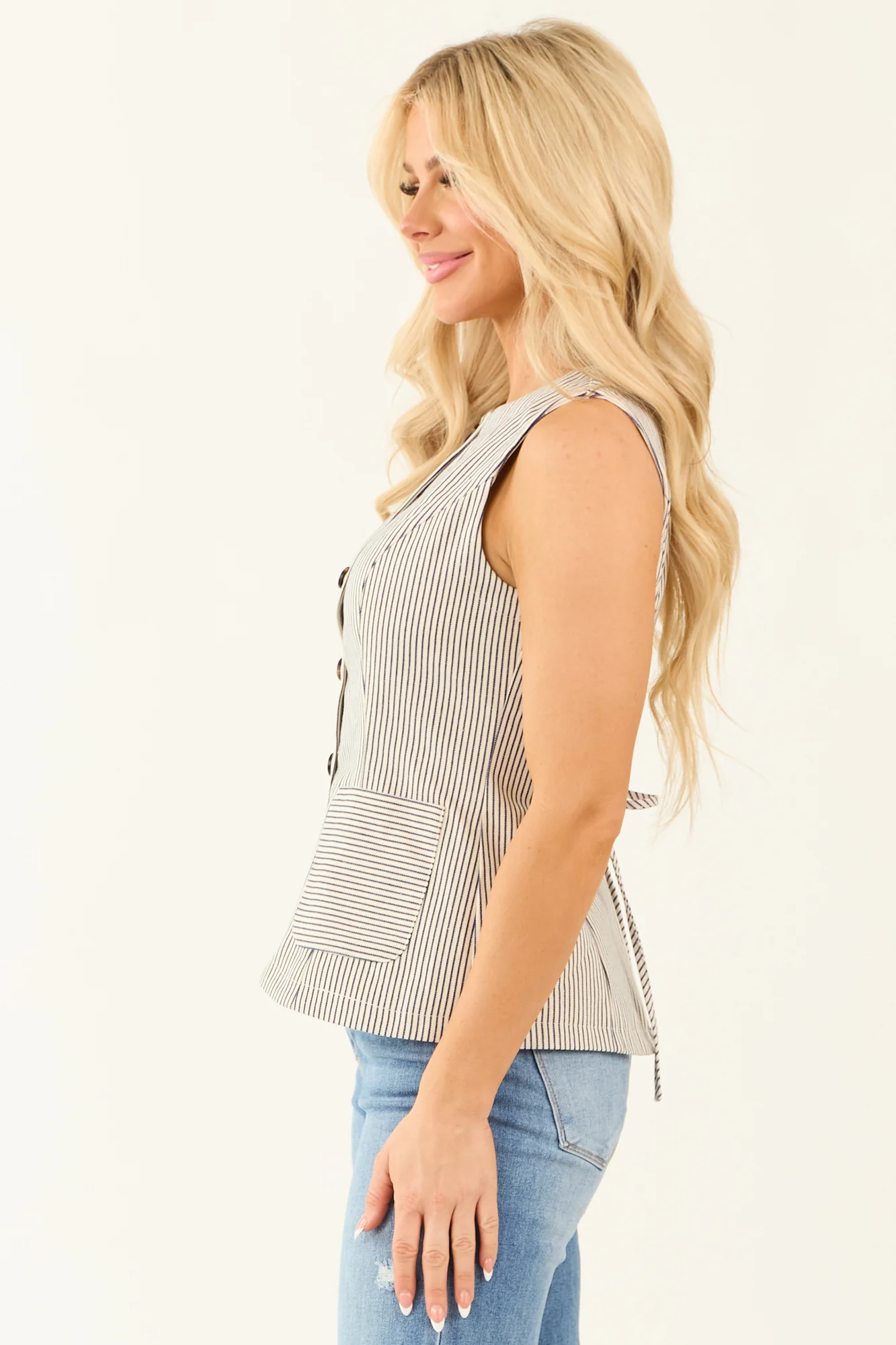 Navy Striped Front Pocket Vest in Ivory, Button-Up, Cinch Tie Detail