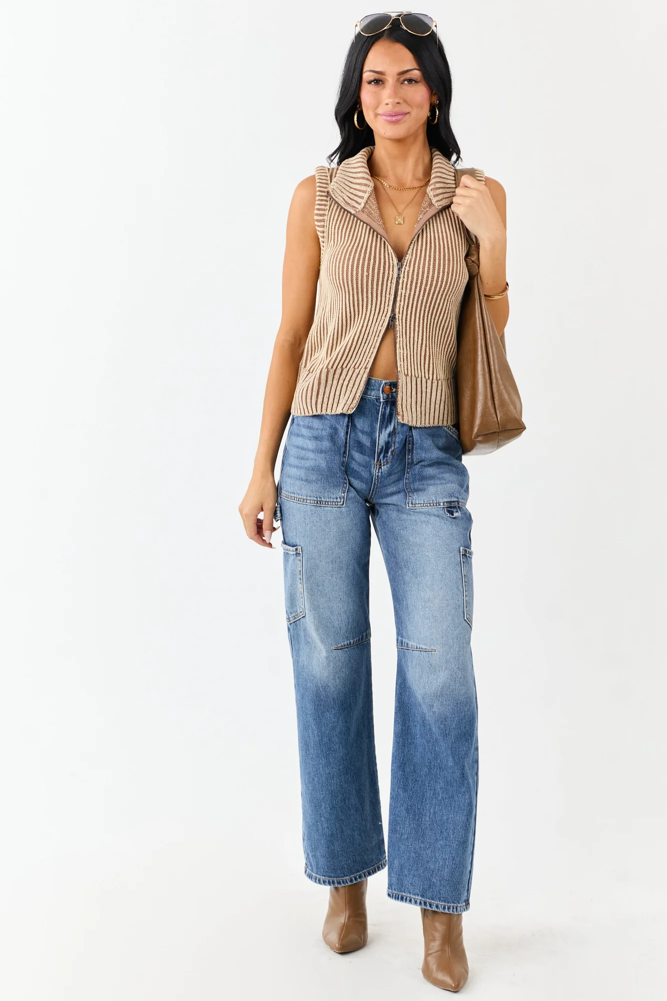 Brown Rib Knit Zip Up Sweater Vest