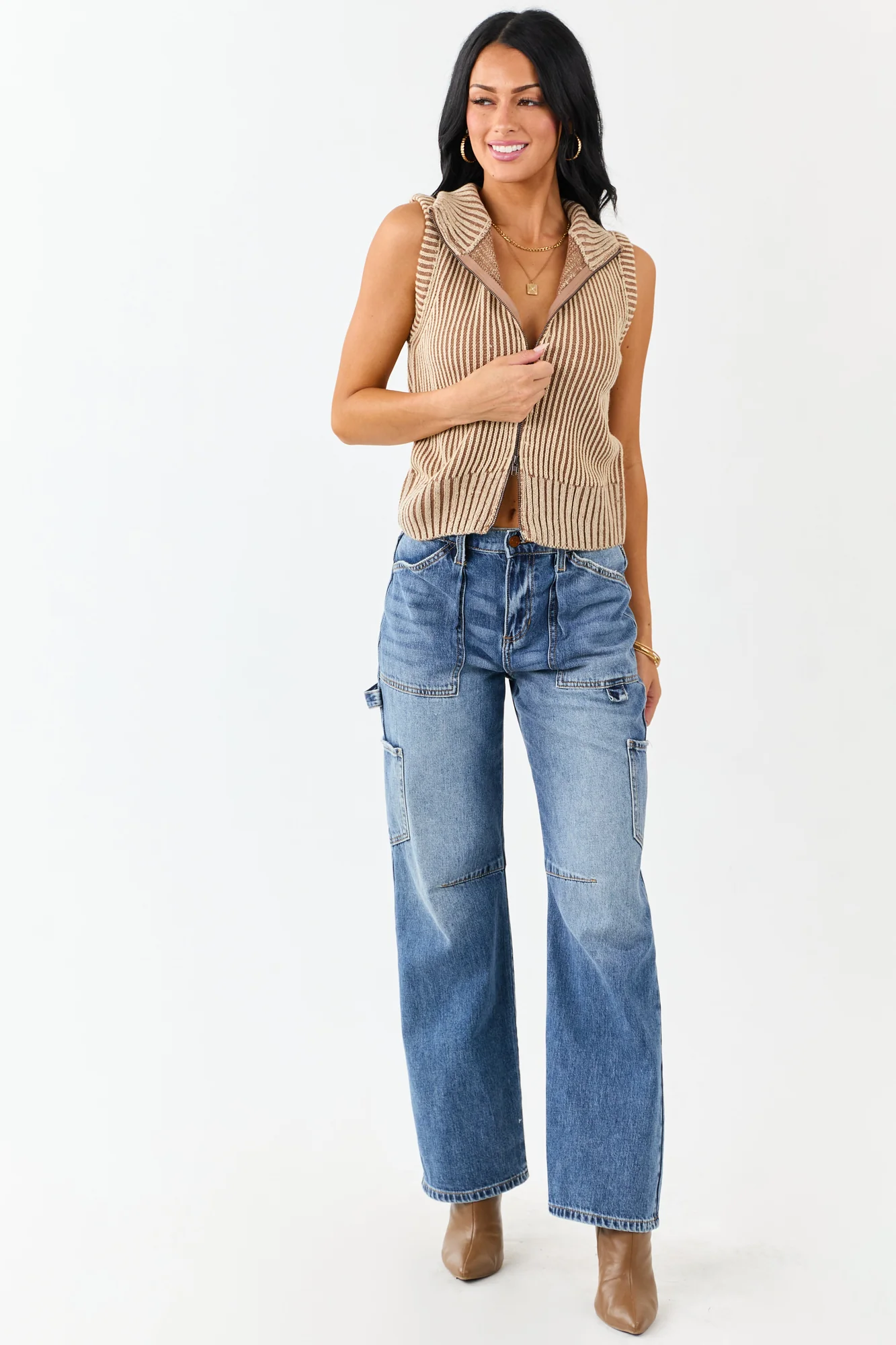 Brown Rib Knit Zip Up Sweater Vest