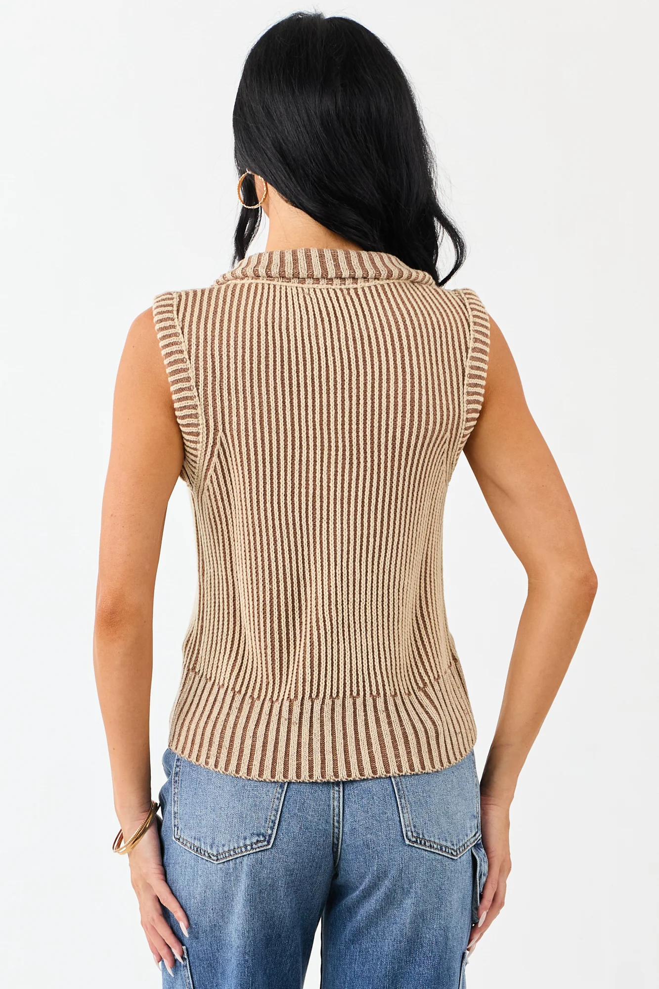 Brown Rib Knit Zip Up Sweater Vest