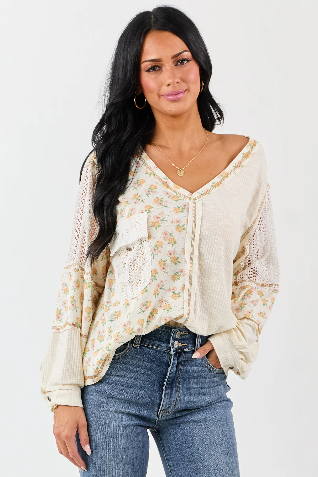 Boho Charm Floral Print Colorblock Top in Cream