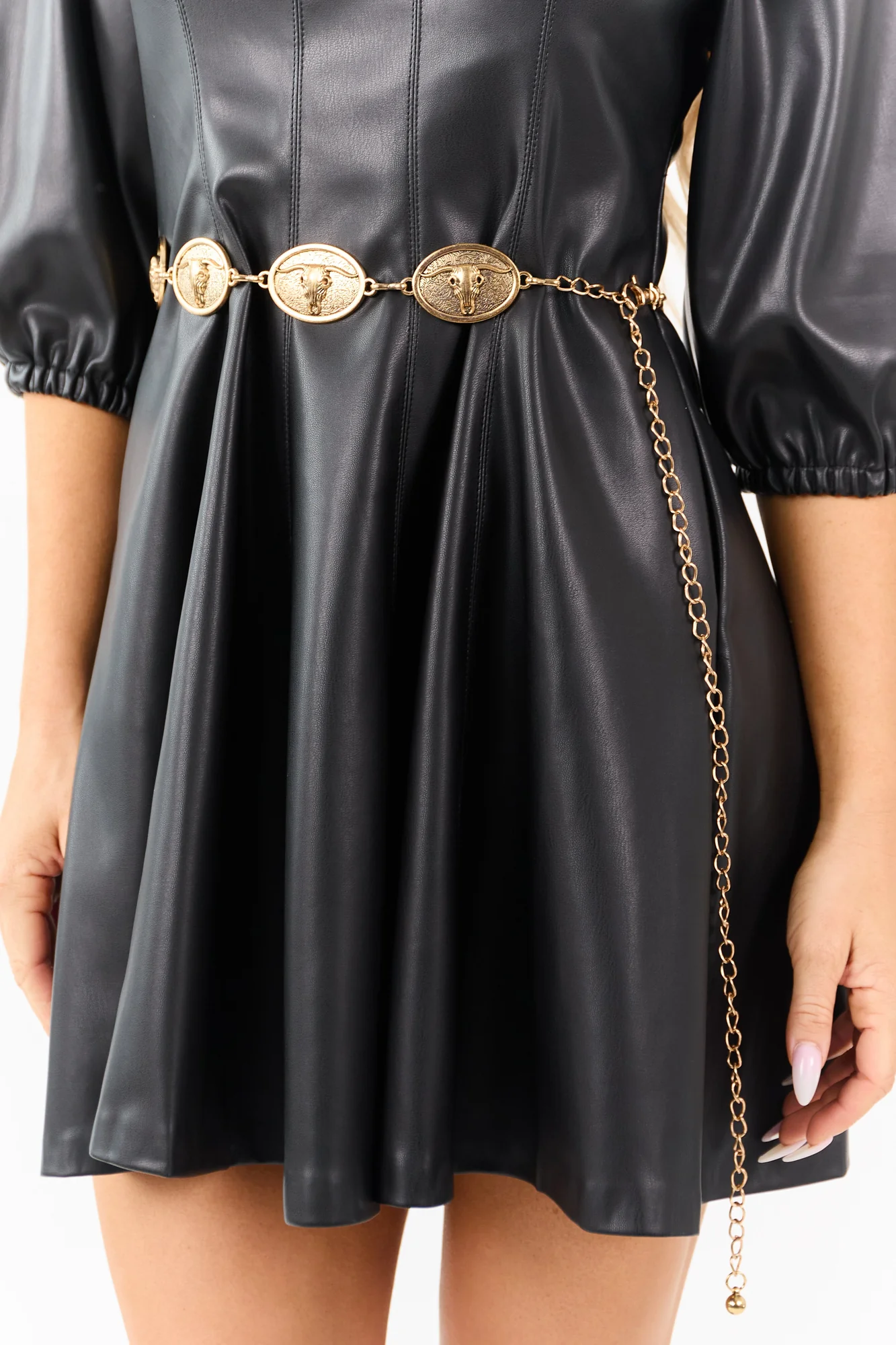 Western Style Longhorn Skull Disc Chain Belt - Gold