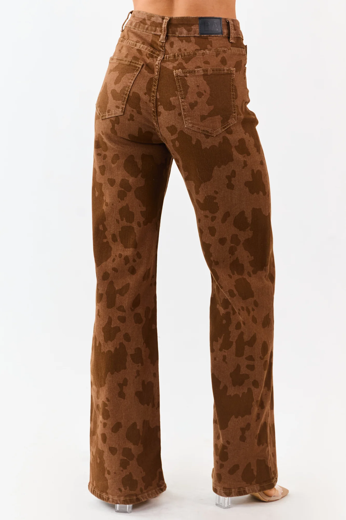 Stretchy Cow Print Straight Leg Jeans in Light Cocoa