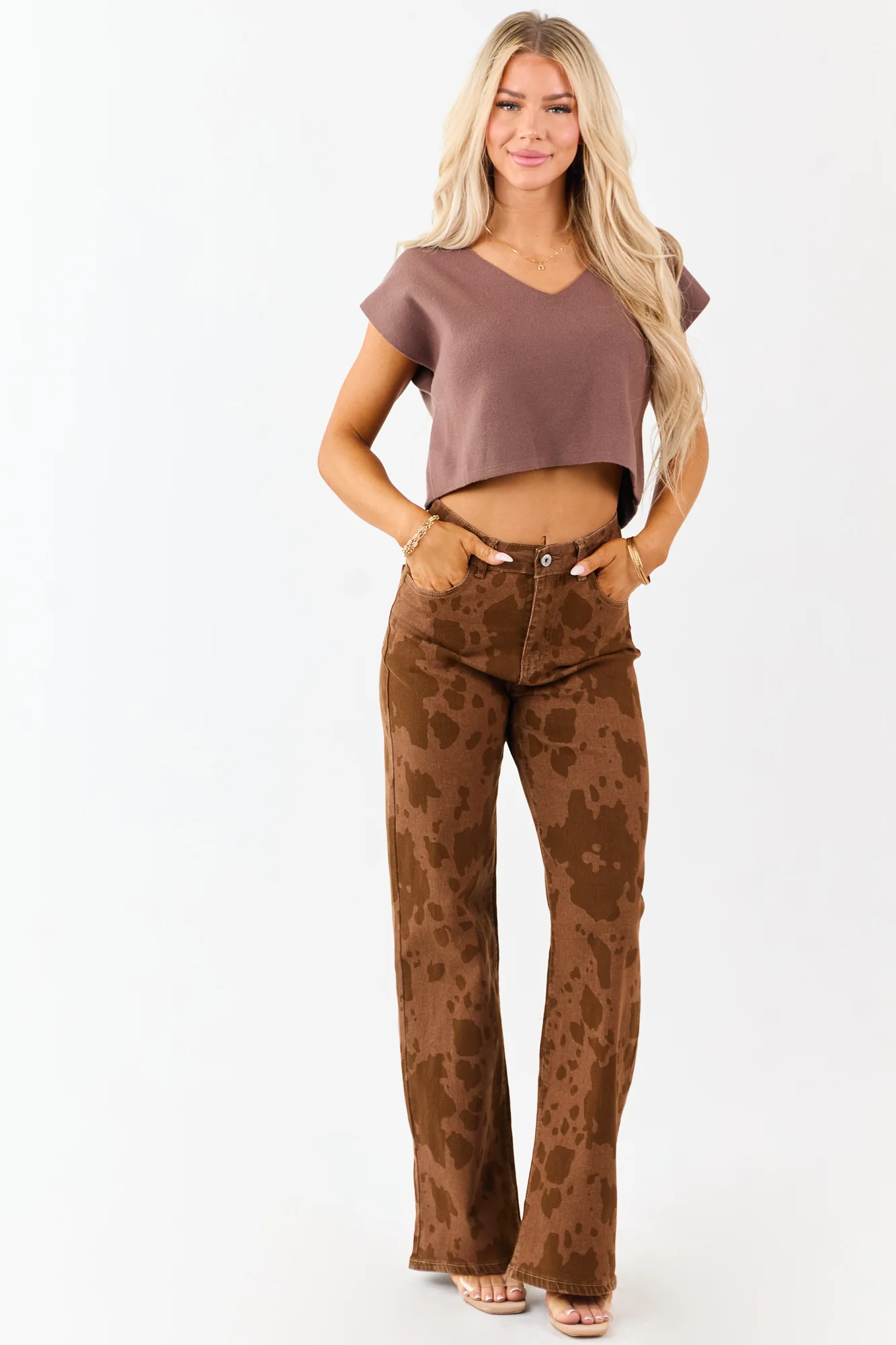 Stretchy Cow Print Straight Leg Jeans in Light Cocoa
