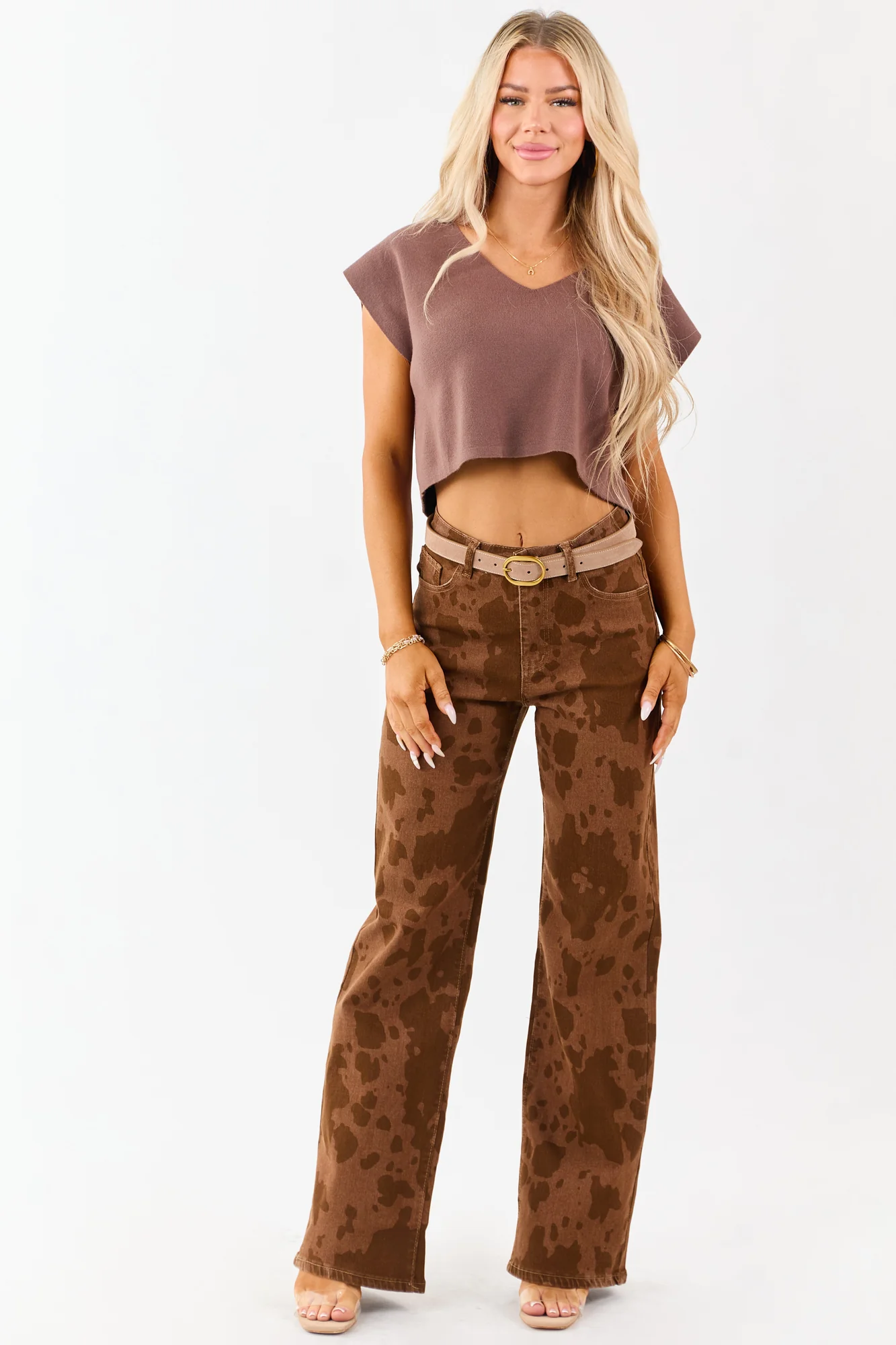 Stretchy Cow Print Straight Leg Jeans in Light Cocoa