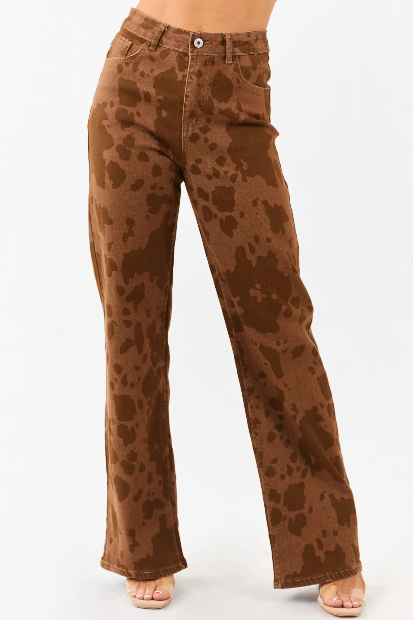 Stretchy Cow Print Straight Leg Jeans in Light Cocoa
