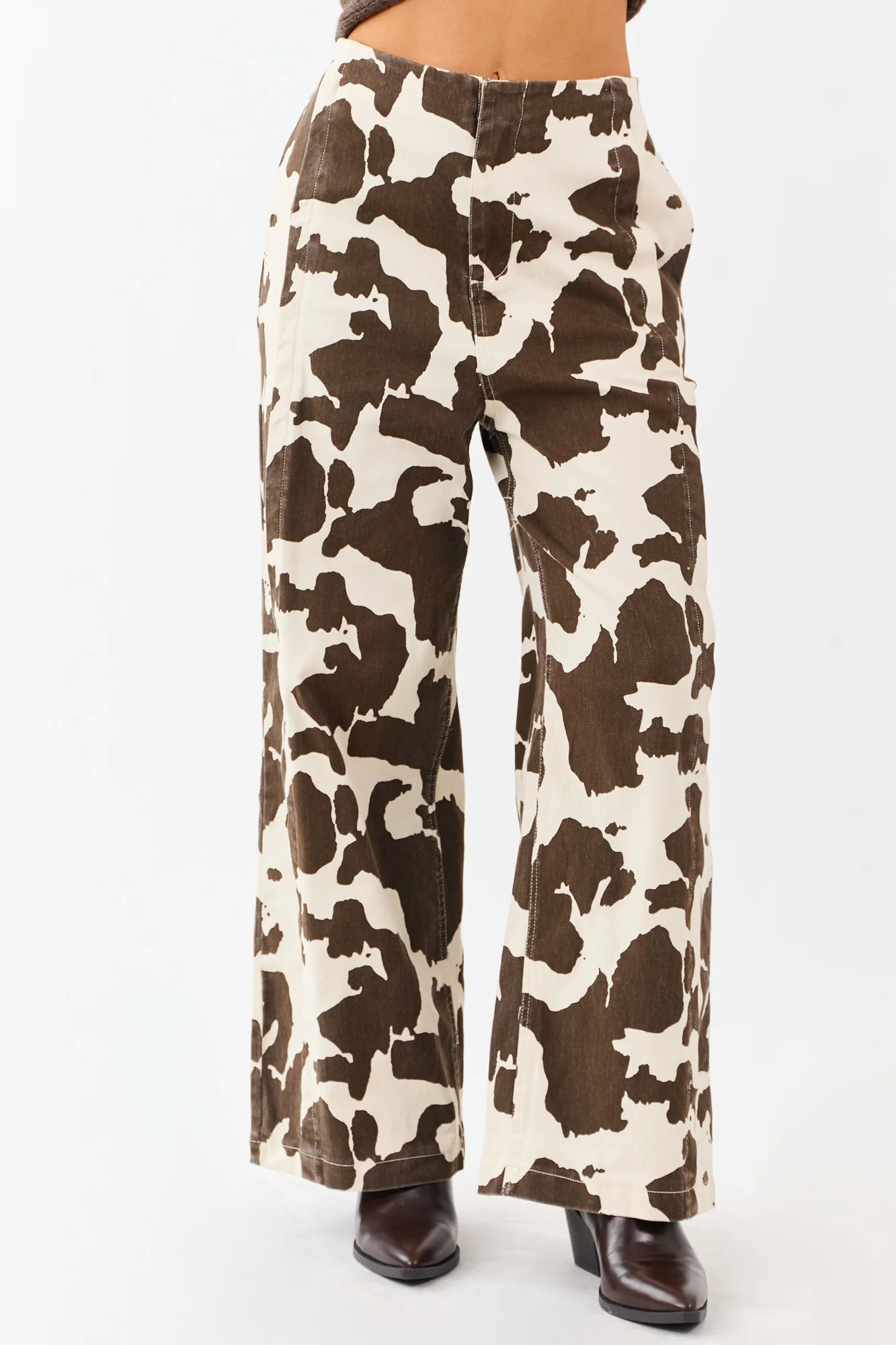 Cow Print Elastic Wide Leg Denim Pants - High Waist Design