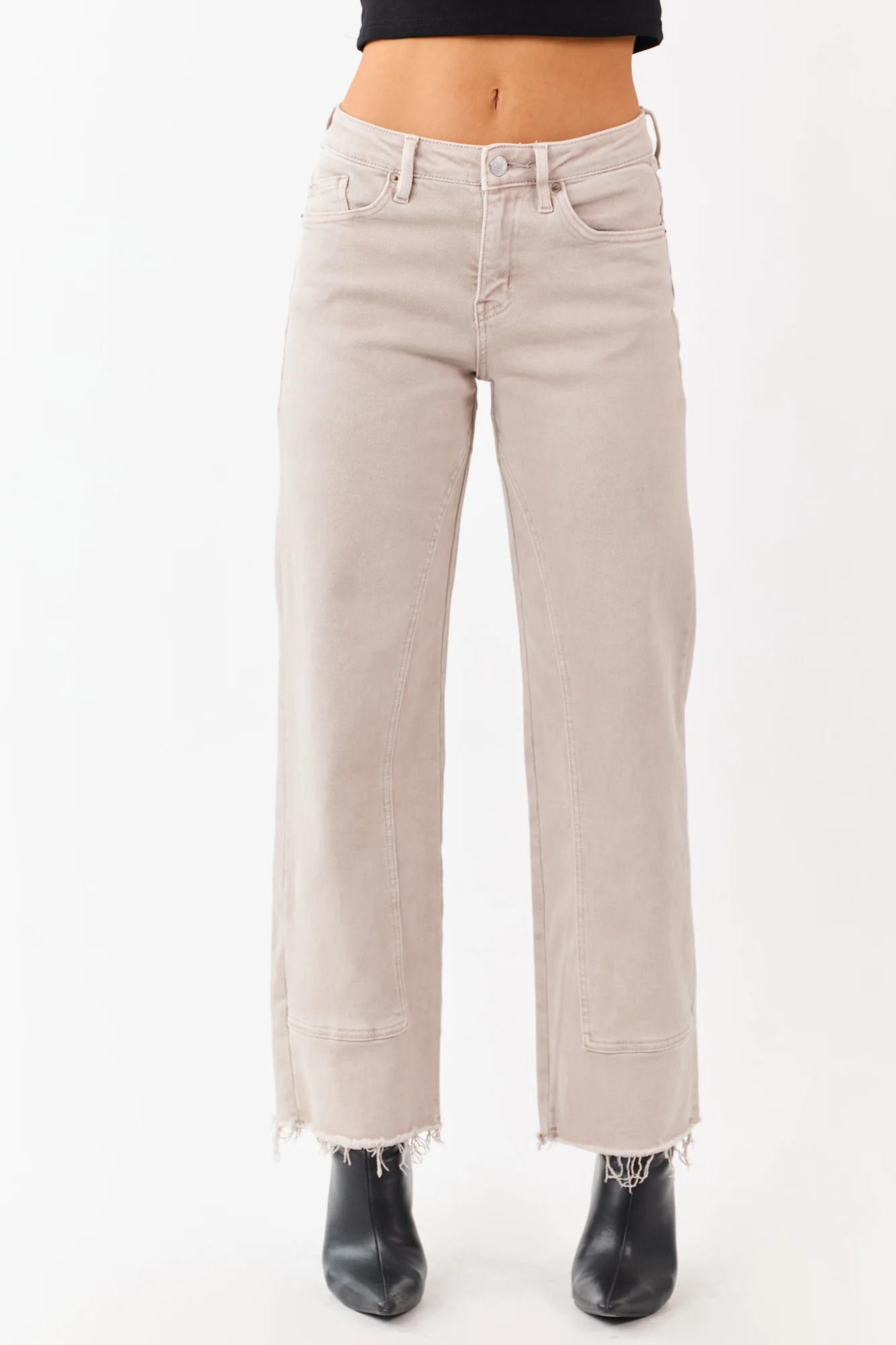 Stretchy Almond Straight Jeans with Raw Hem Detailing