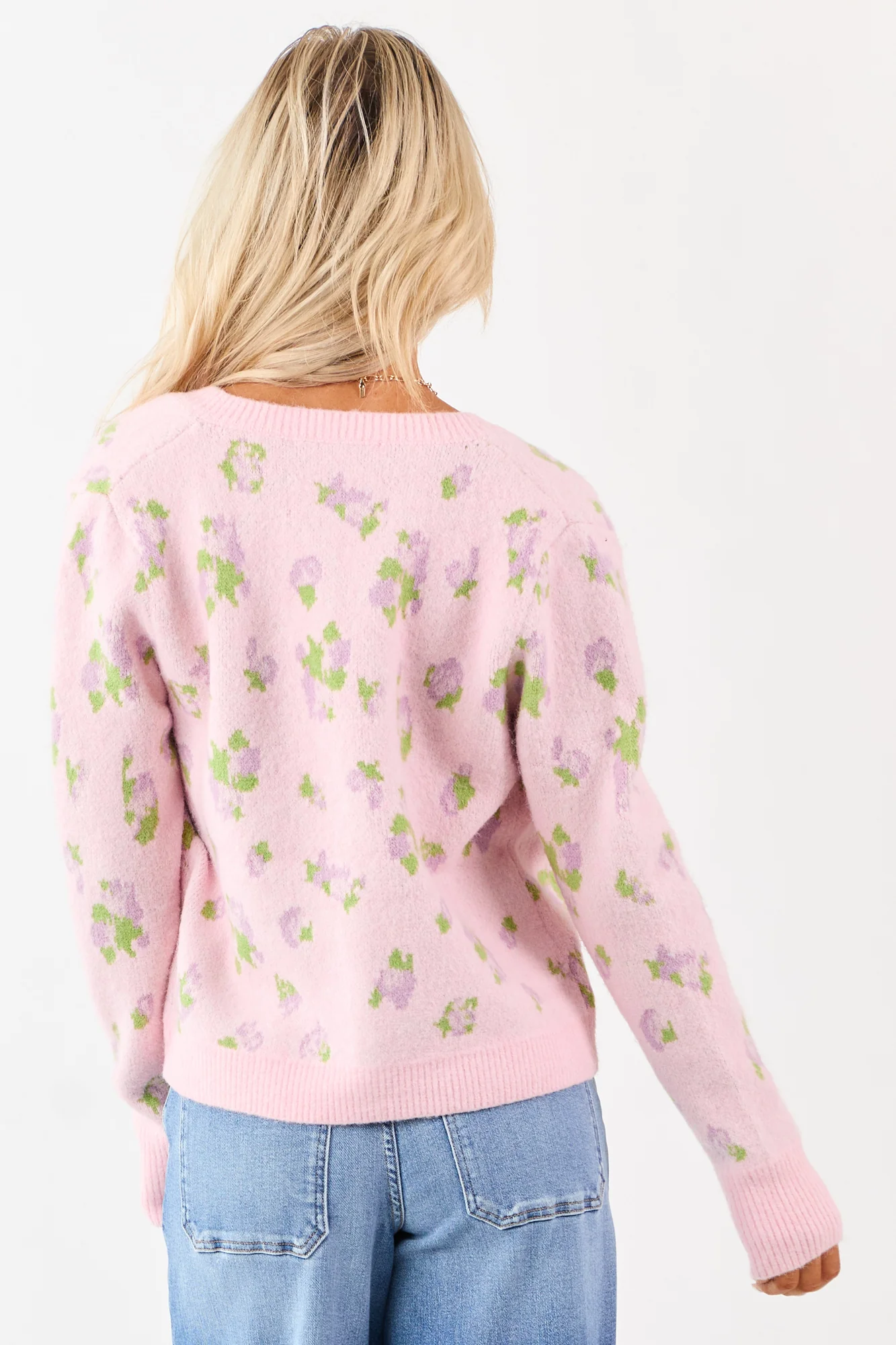 Floral Wool Blend Knit Cardigan - Iris & Kiwi Tone Button Up