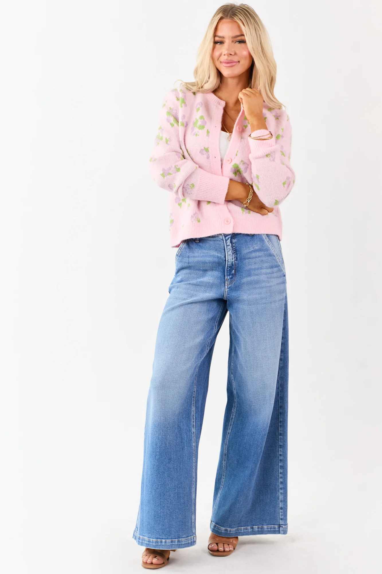 Floral Wool Blend Knit Cardigan - Iris & Kiwi Tone Button Up