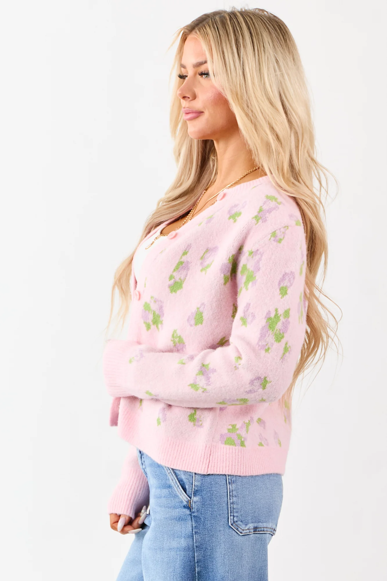 Floral Wool Blend Knit Cardigan - Iris & Kiwi Tone Button Up