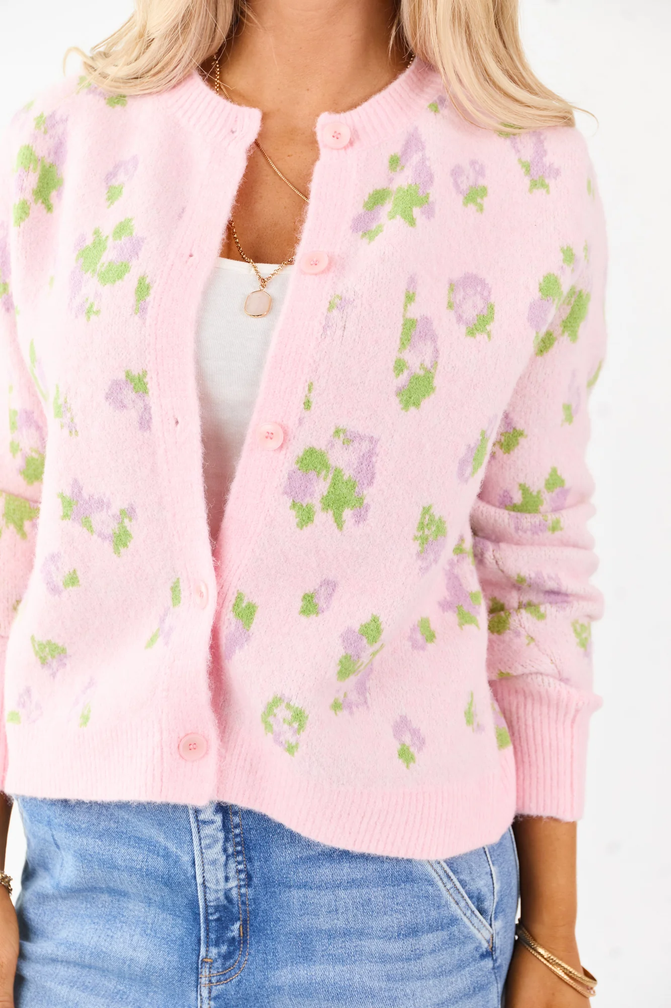 Floral Wool Blend Knit Cardigan - Iris & Kiwi Tone Button Up