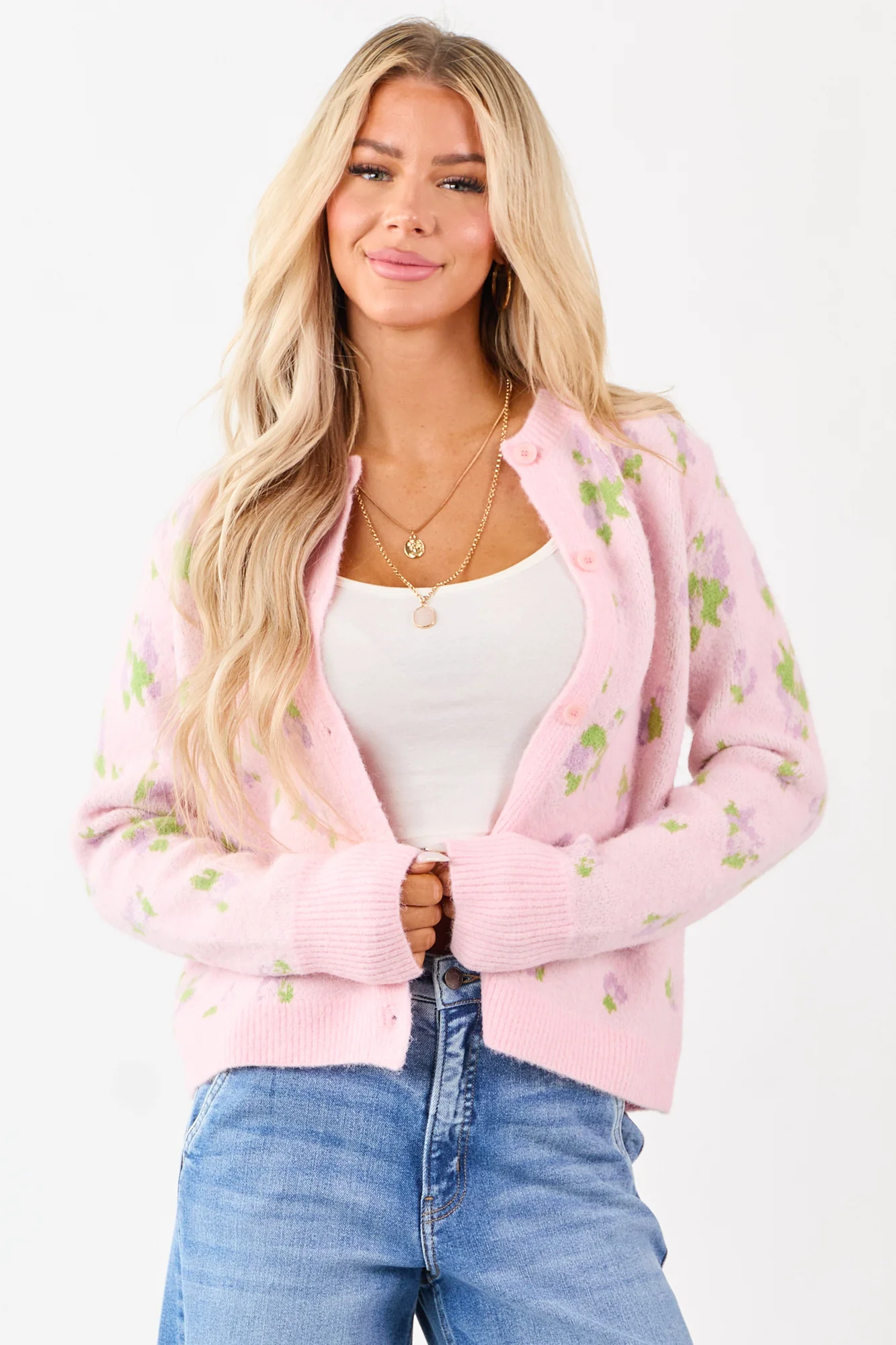 Floral Wool Blend Knit Cardigan - Iris & Kiwi Tone Button Up