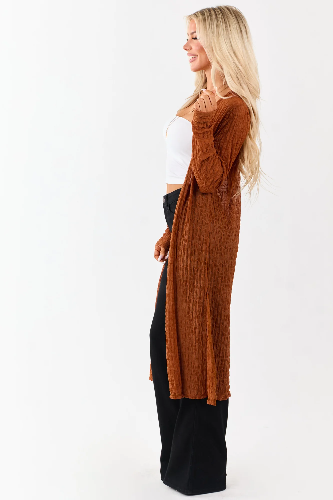 Brown Textured Mesh Open Front Cardigan