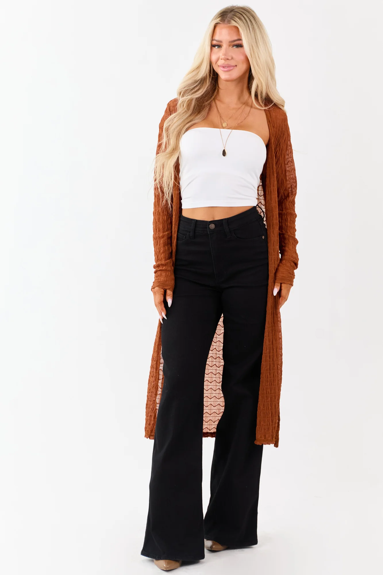Brown Textured Mesh Open Front Cardigan