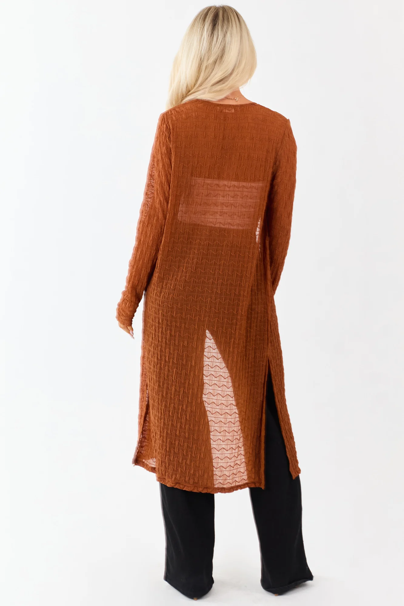 Brown Textured Mesh Open Front Cardigan