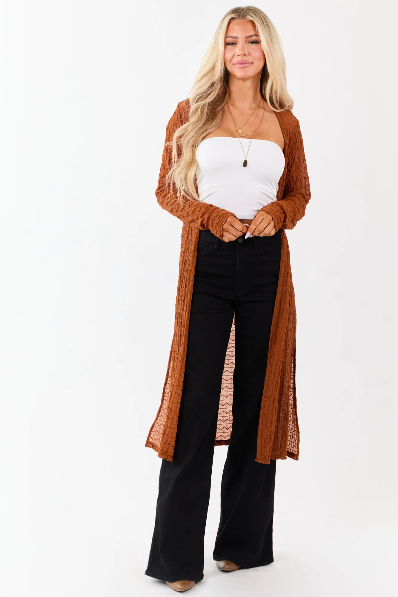 Brown Textured Mesh Open Front Cardigan