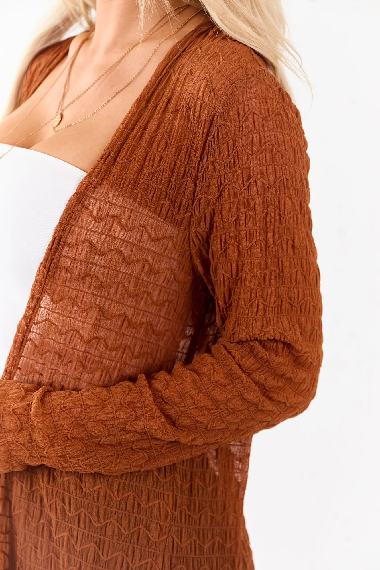 Brown Textured Mesh Open Front Cardigan