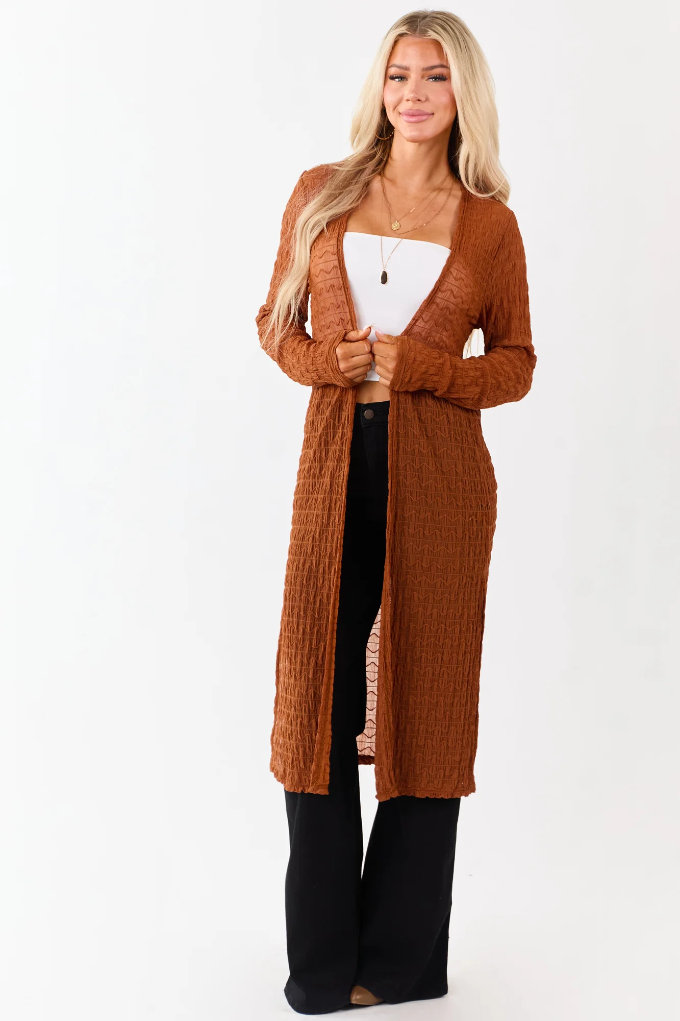 Brown Textured Mesh Open Front Cardigan