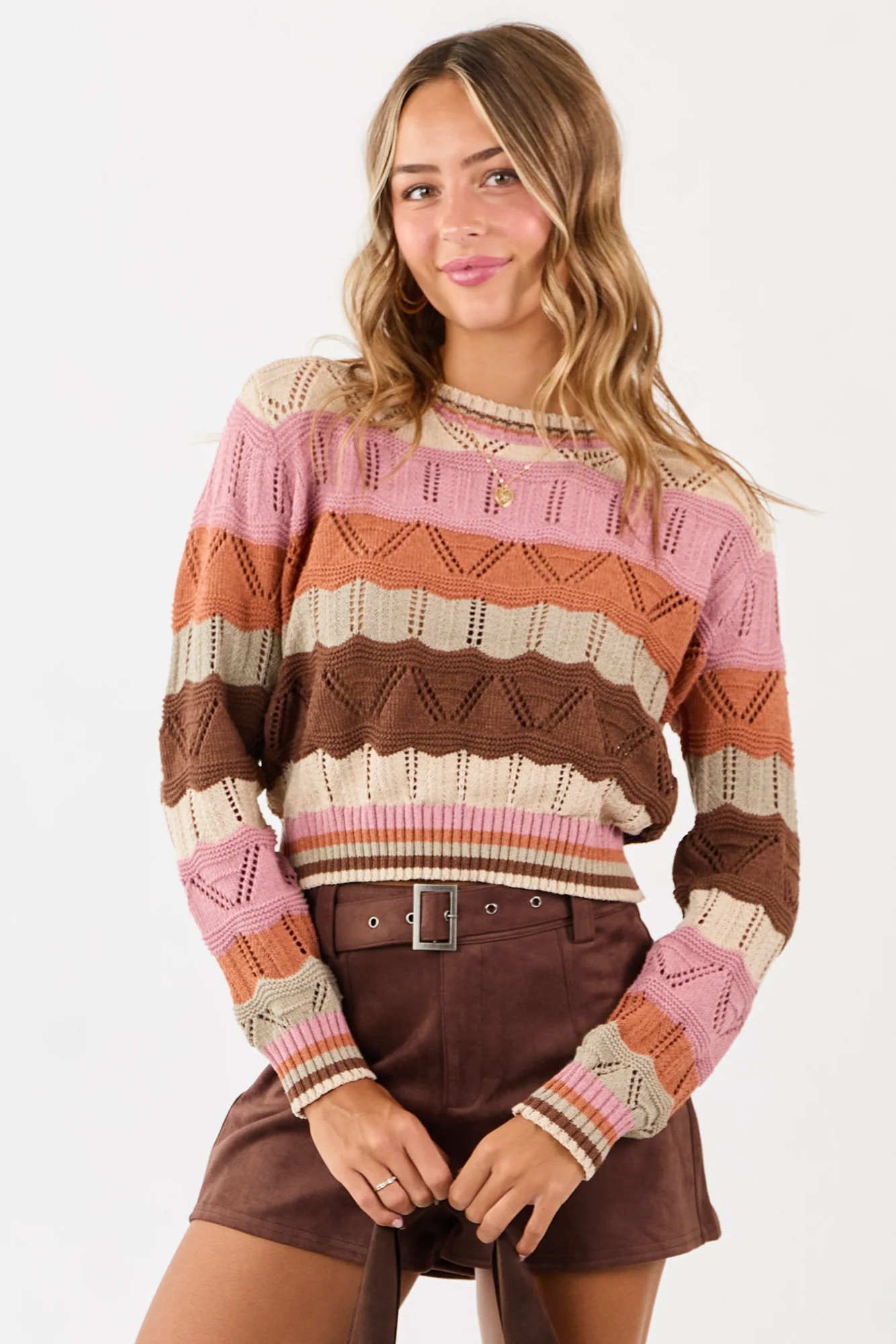 Dusty Bubblegum & Terracotta Striped Pointelle Sweater