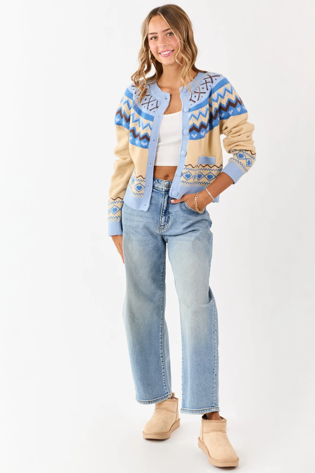 Cozy Cobalt Cream Fair Isle Heart Cardigan